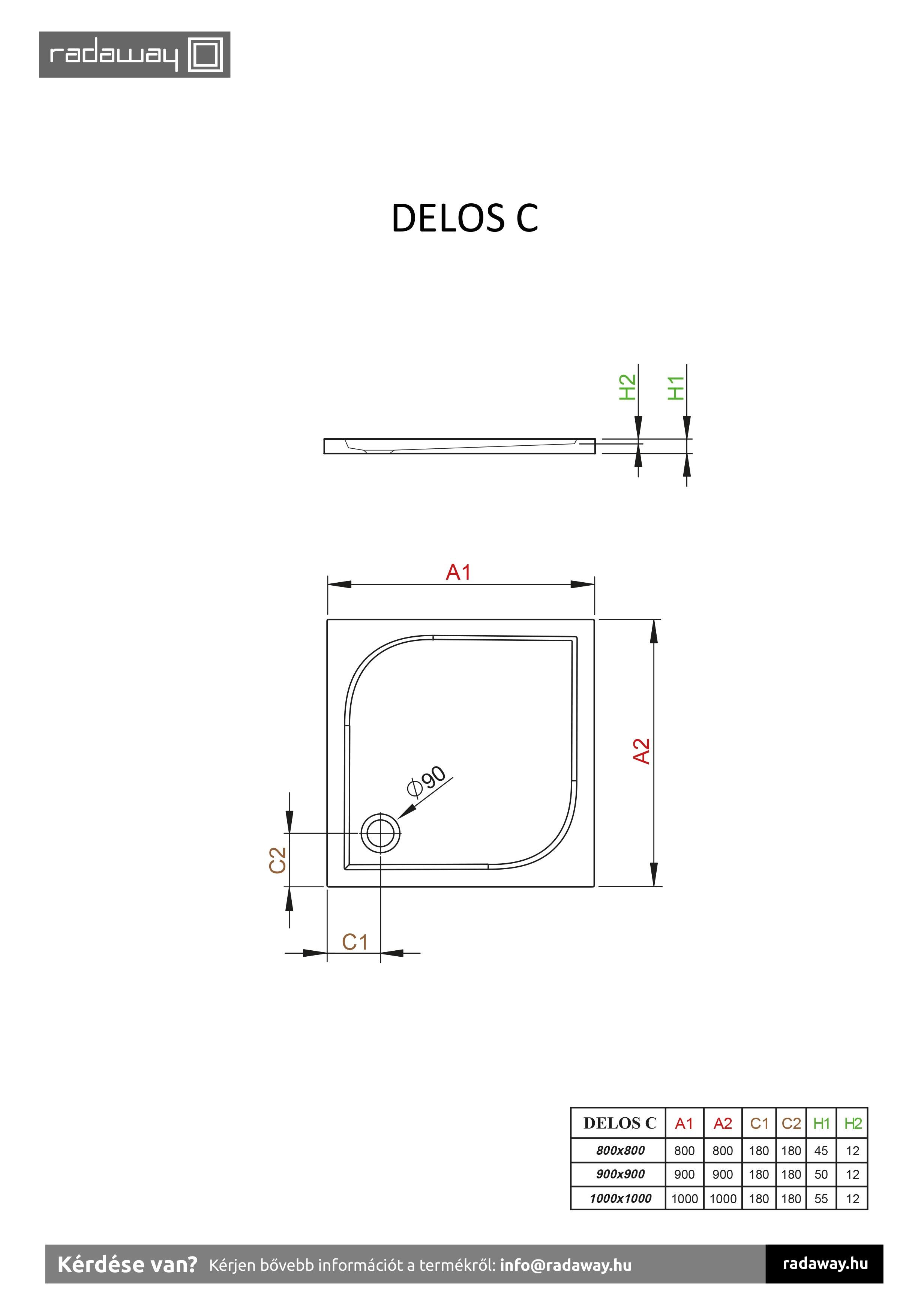 Delos C szögletes lapos zuhanytálca technikai rajz