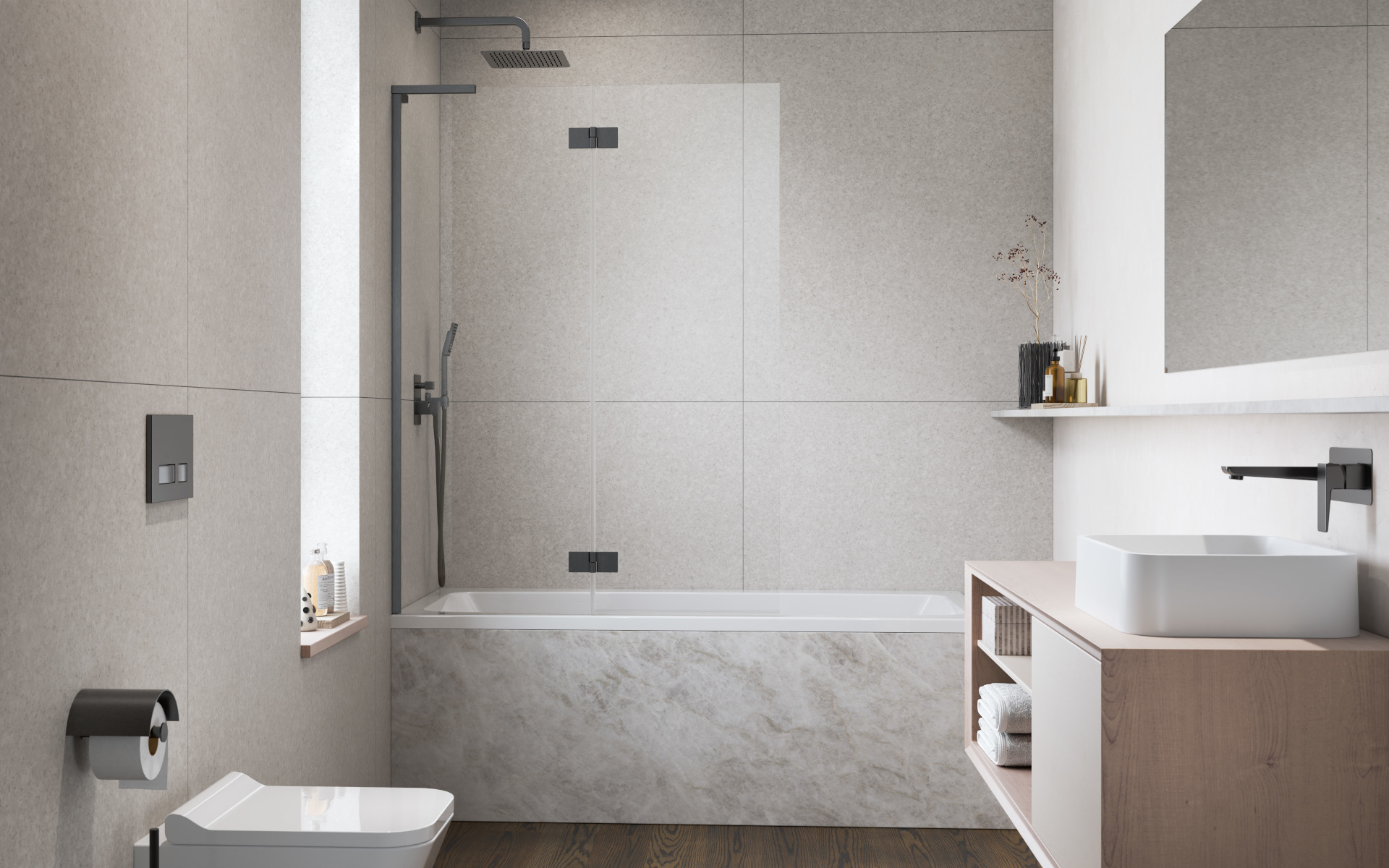 Essenza 8 SL Brushed GunMetal PND II szálcsiszolt fegyvermetál kádparaván enteriőr (a képen balos kádparaván látható)