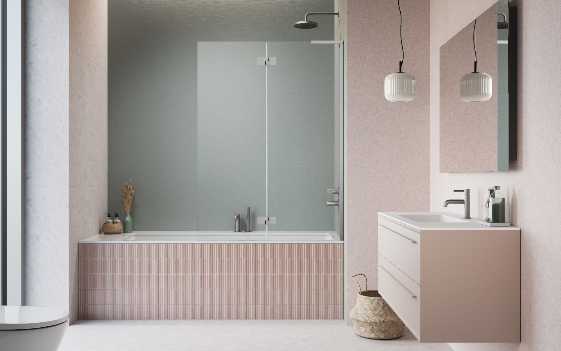 Essenza 8 SL Brushed Nickel PND II szálcsiszolt króm kádparaván enteriőr (a képen jobbos kádparaván látható)