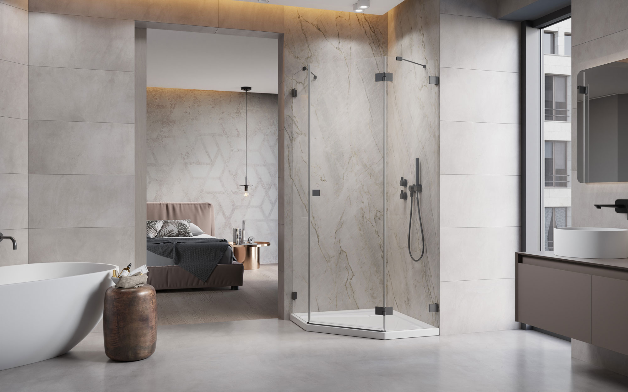 Essenza Pro Brushed GunMetal PTJ szögletes szálcsiszolt fegyvermetál zuhanykabin enteriőr (a képen jobbos zuhanykabin látható)