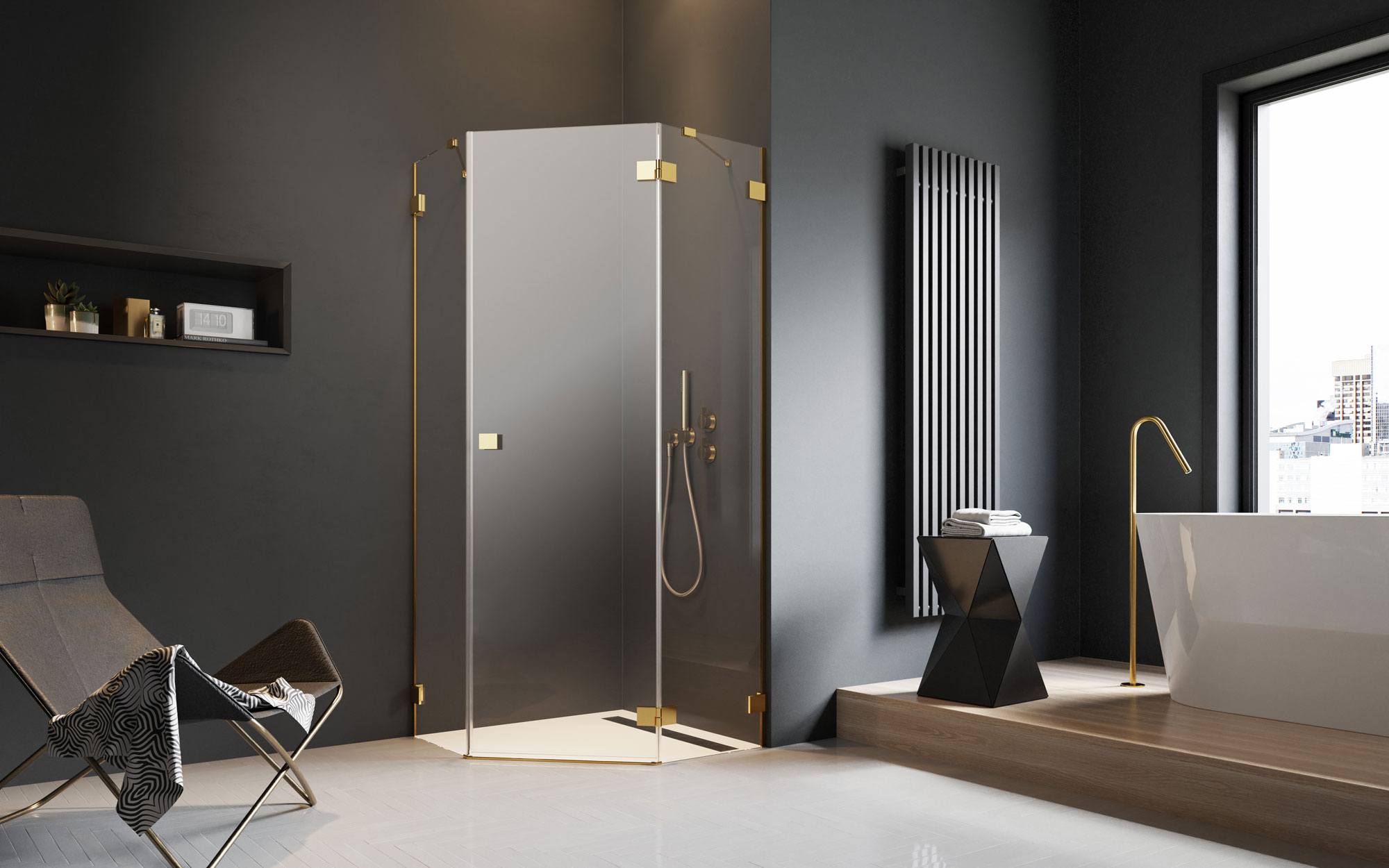Essenza Pro Gold PTJ szögletes arany zuhanykabin enteriőr (a képen jobbos zuhanykabin látható)
