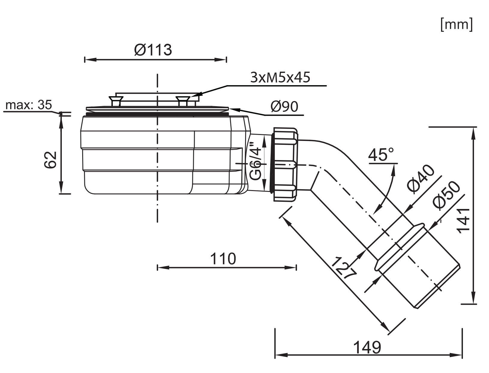HS1 zuhanytálca szifon műszaki rajz