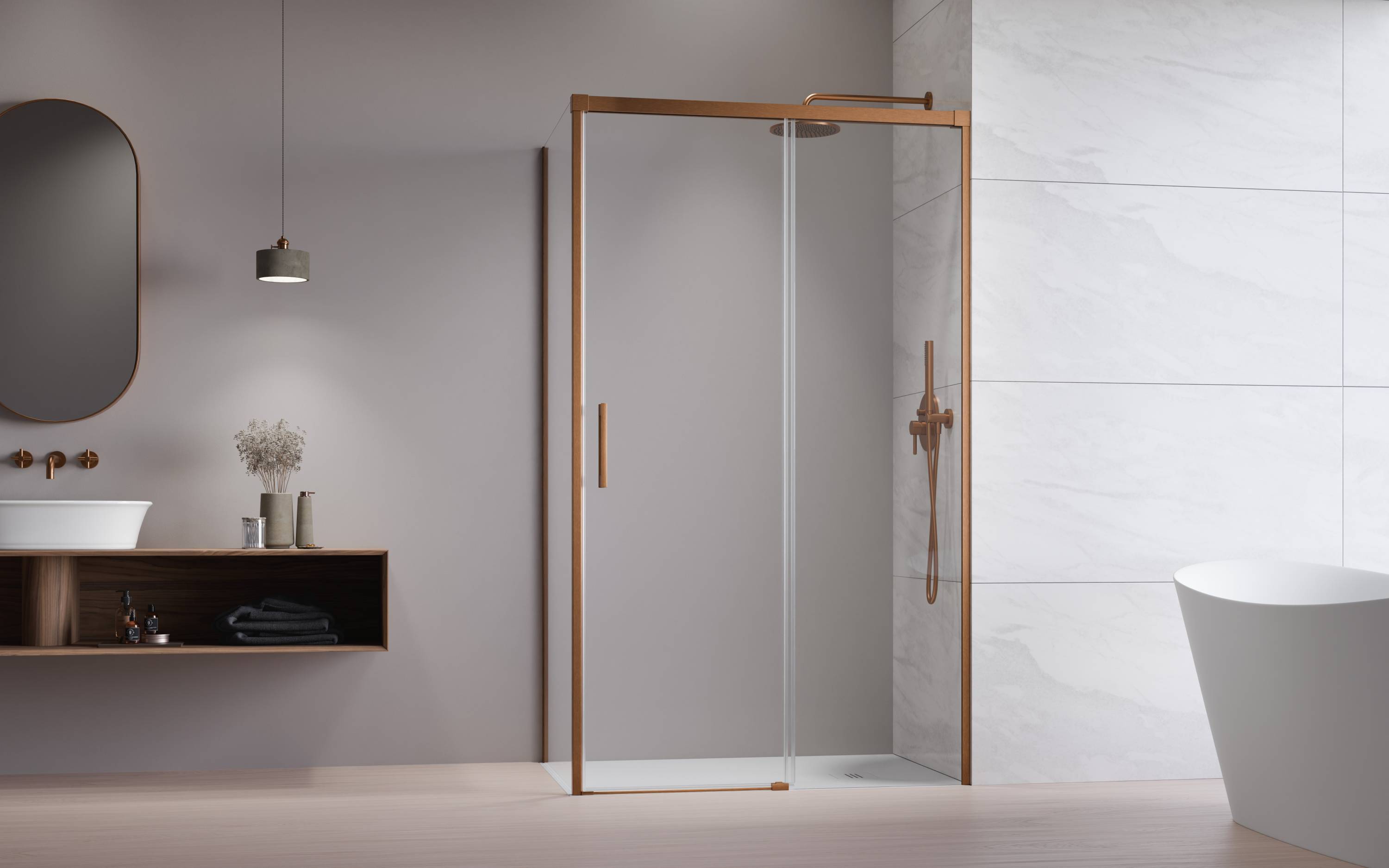 Idea Brushed Copper KDJ szögletes szálcsiszolt réz zuhanykabin enteriőr (a képen jobbos zuhanykabin látható)