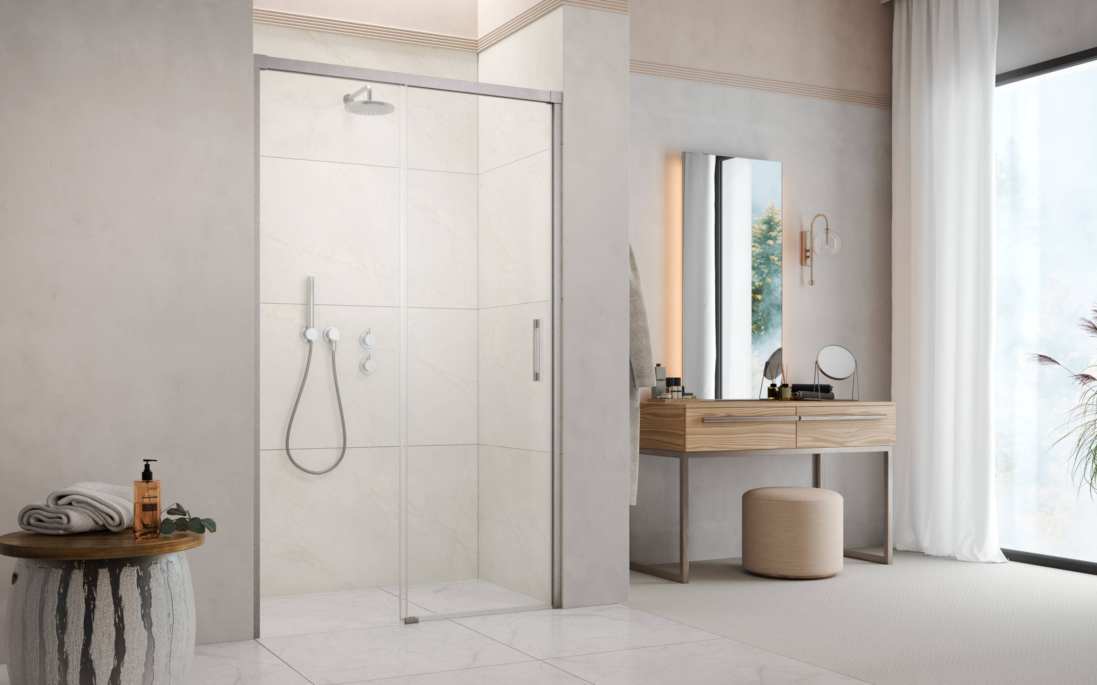 Idea Brushed Nickel DWJ szálcsiszolt króm zuhanyajtó enteriőr (a képen balos zuhanyajtó látható)