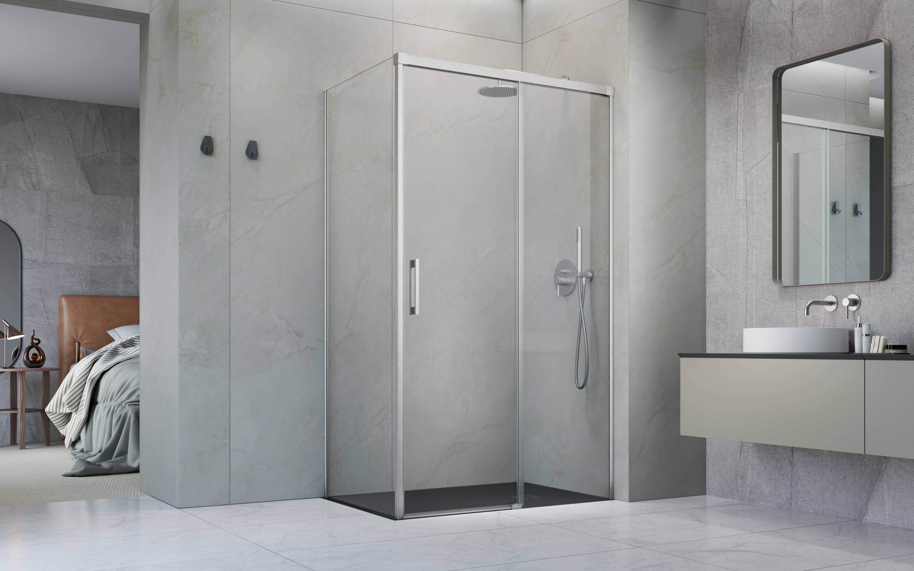 Idea Brushed Nickel KDJ szögletes szálcsiszolt króm zuhanykabin enteriőr (a képen jobbos zuhanykabin látható)