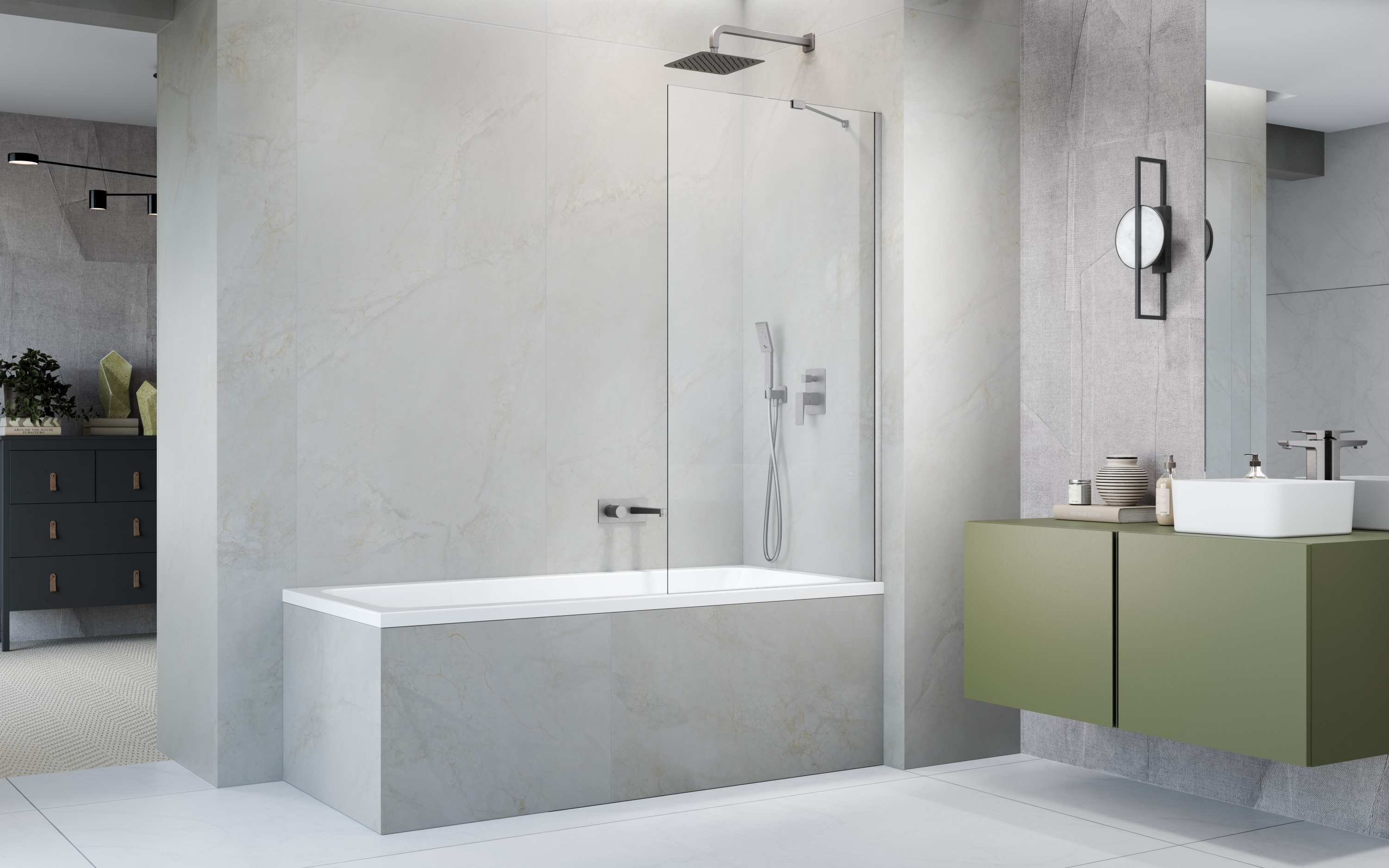 Idea Brushed Nickel PNJ II szálcsiszolt króm kádparaván enteriőr (a képen jobbos kádparaván látható)