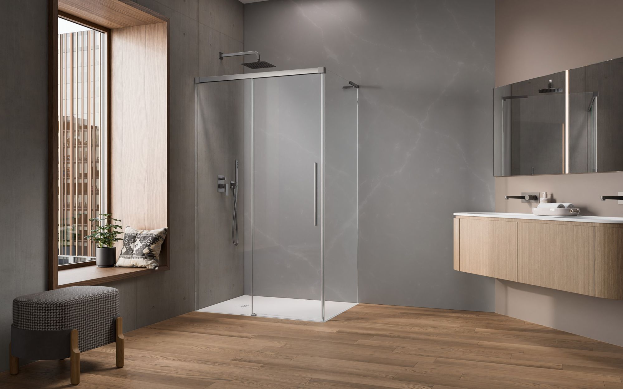 Idea 8 QL Brushed Nickel KDJ szögletes szálcsiszolt króm zuhanykabin enteriőr (a képen balos zuhanykabin látható)