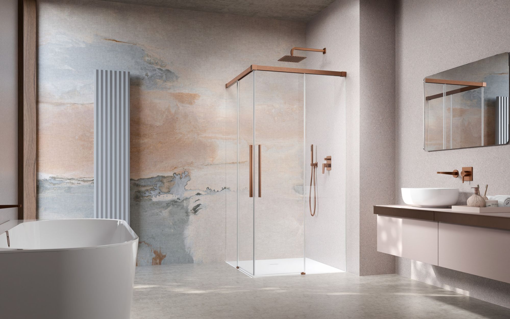 Idea 8 QL Brushed Copper KDD szögletes szálcsiszolt réz zuhanykabin enteriőr