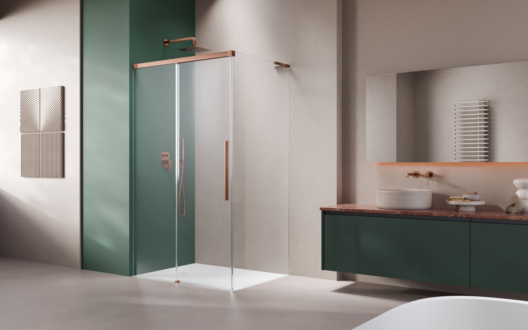 Idea 8 QL Brushed Copper KDJ szögletes szálcsiszolt réz zuhanykabin enteriőr (a képen balos zuhanykabin látható)