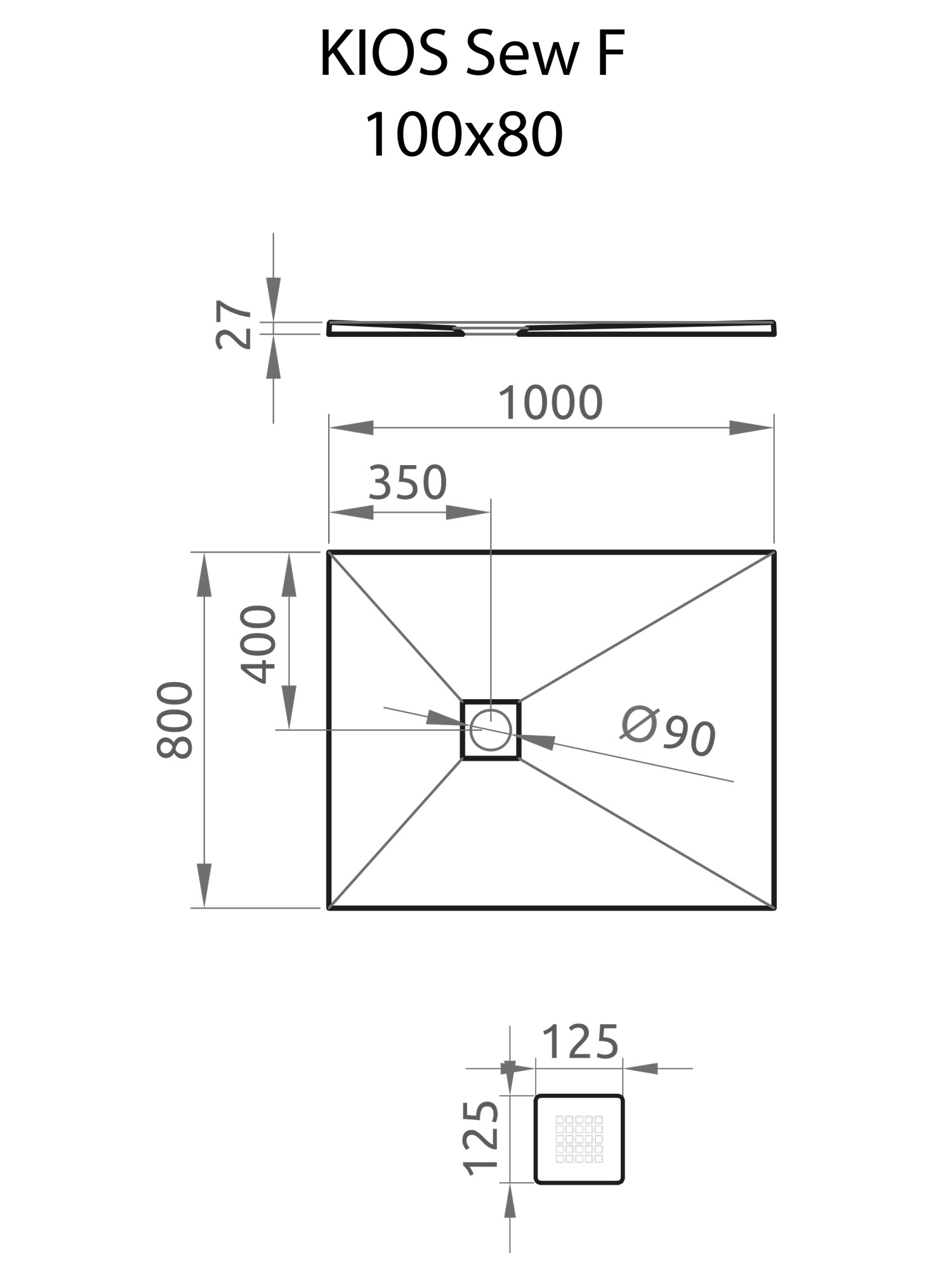Kios SEw F 100x80 szögletes lapos zuhanytálca műszaki rajz