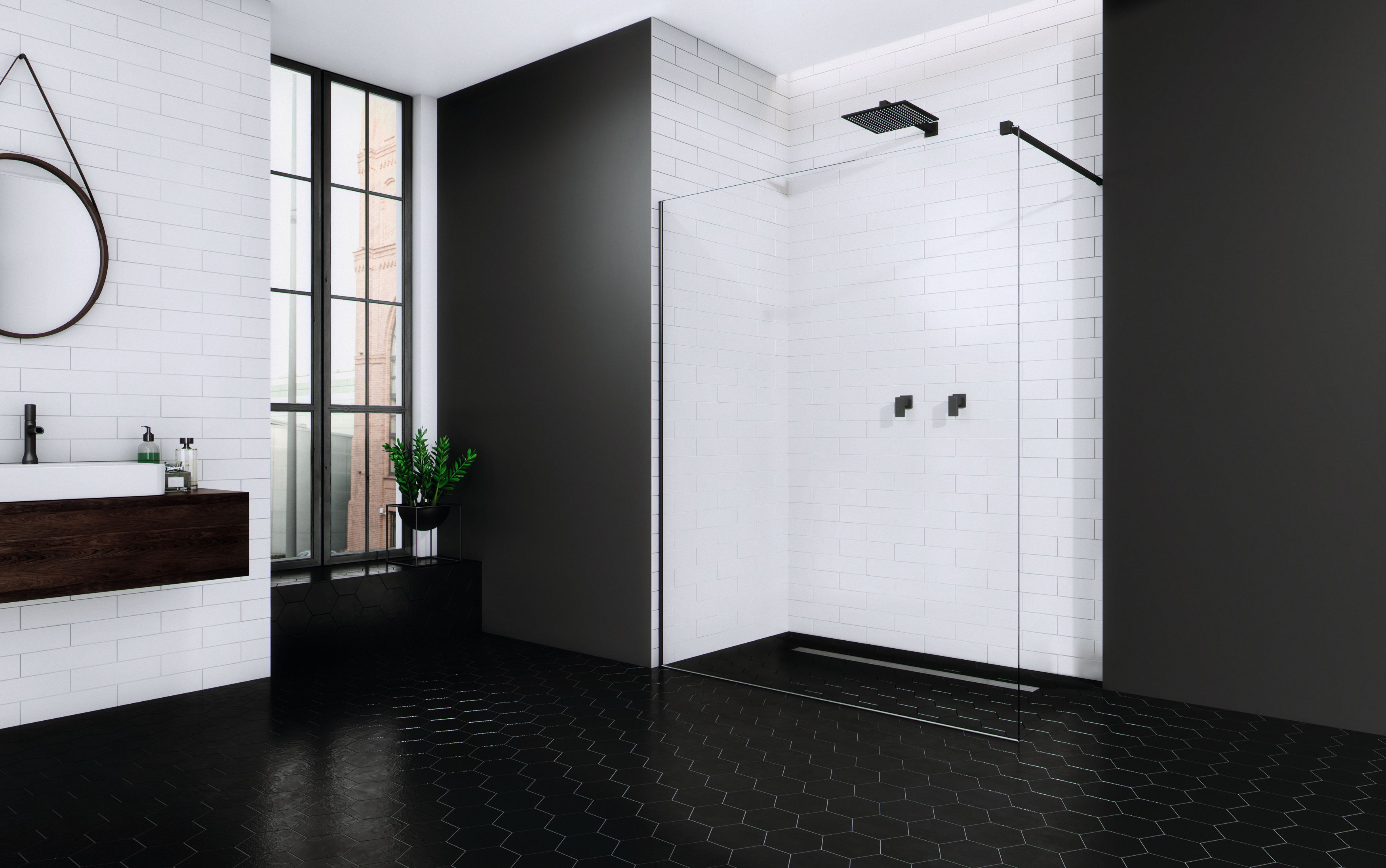 Modo New II Black Walk-In fekete zuhanyfal enteriőr