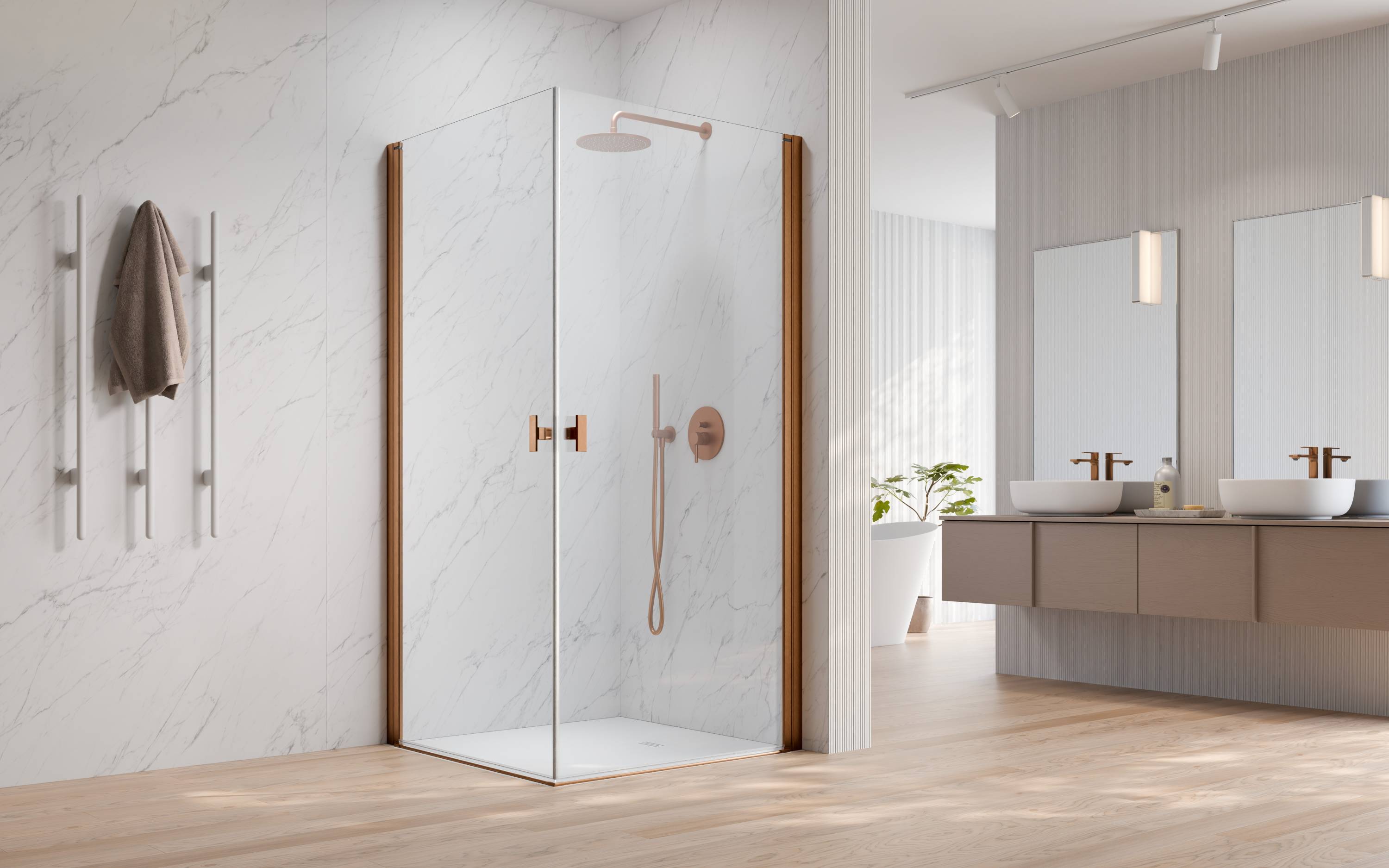 Nes Brushed Copper KDD I szögletes szálcsiszolt réz zuhanykabin enteriőr