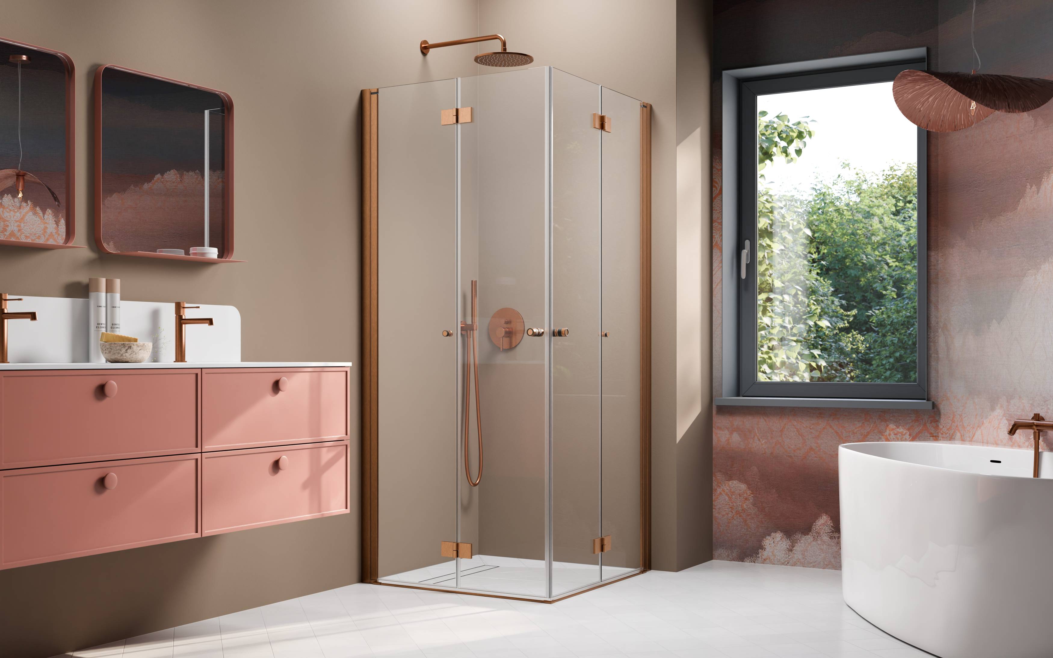 Nes Brushed Copper KDD-B szögletes szálcsiszolt réz zuhanykabin enteriőr