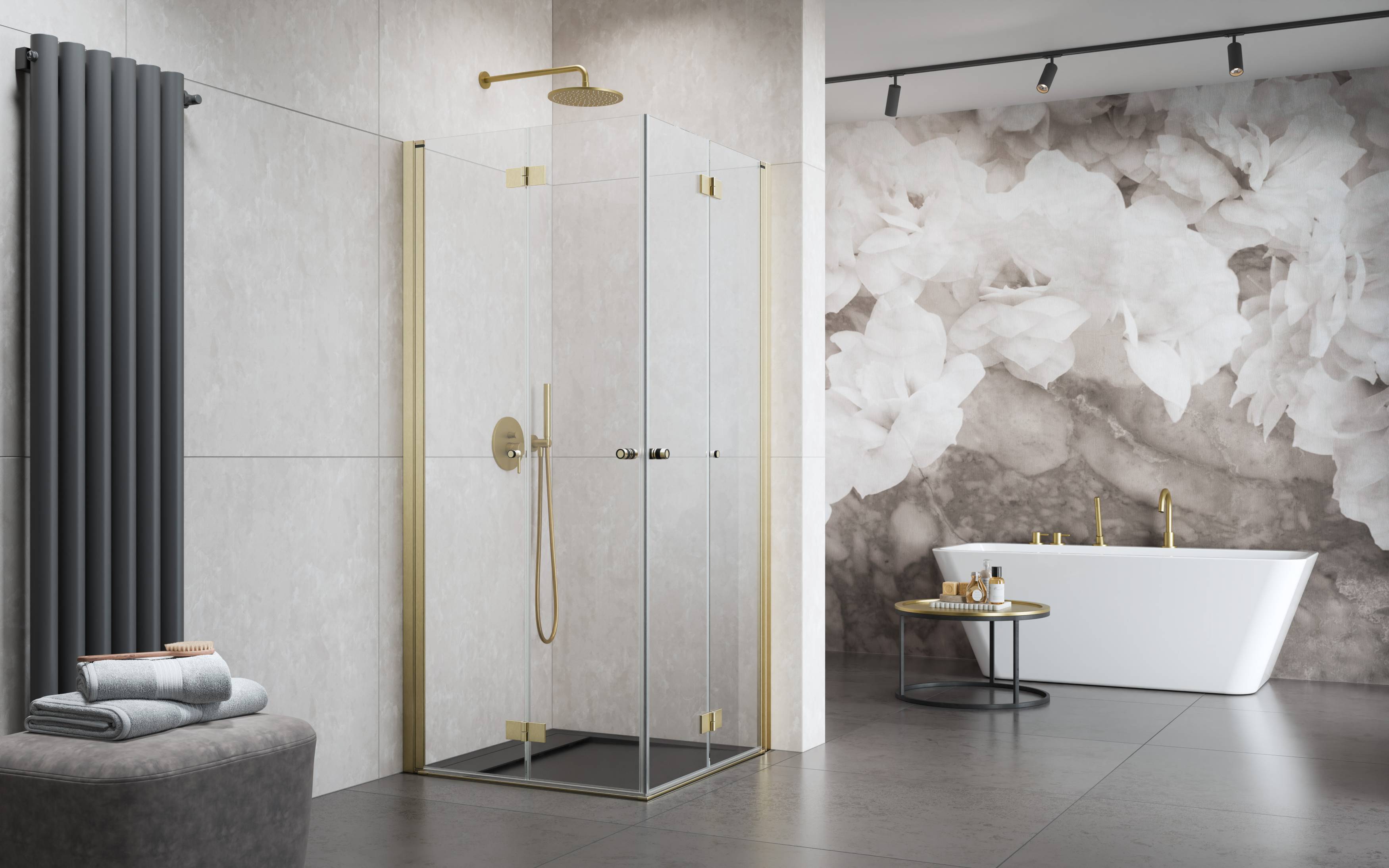 Nes Brushed Gold KDD-B szálcsiszolt arany zuhanykabin enteriőr