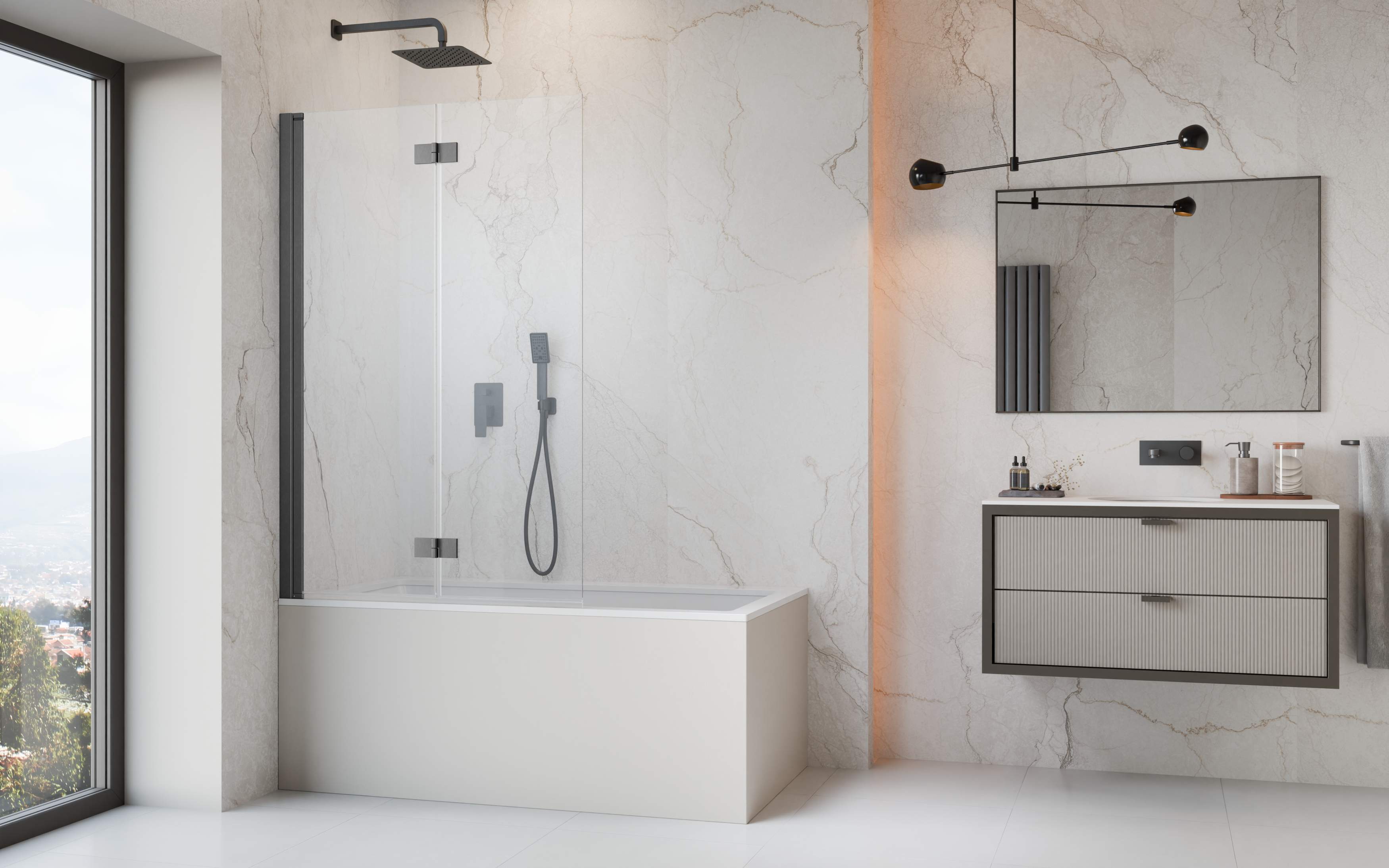 Nes Brushed GunMetal PND I szálcsiszolt fegyvermetál kádparaván enteriőr (a képen balos kádparaván látható