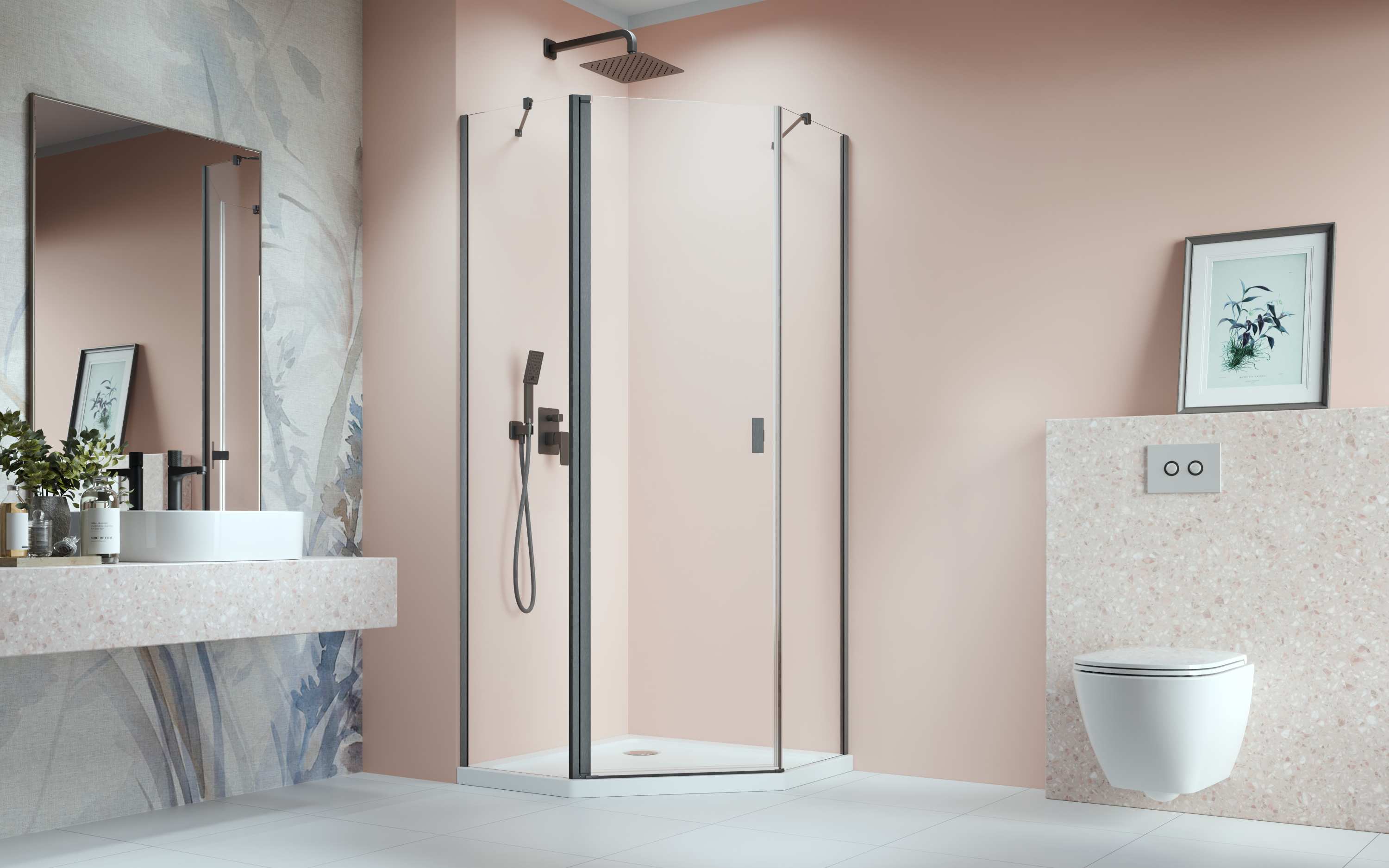 Nes Brushed GunMetal PTJ szögletes szálcsiszolt fegyvermetál zuhanykabin enteriőr (a képen balos zuhanykabin látható)