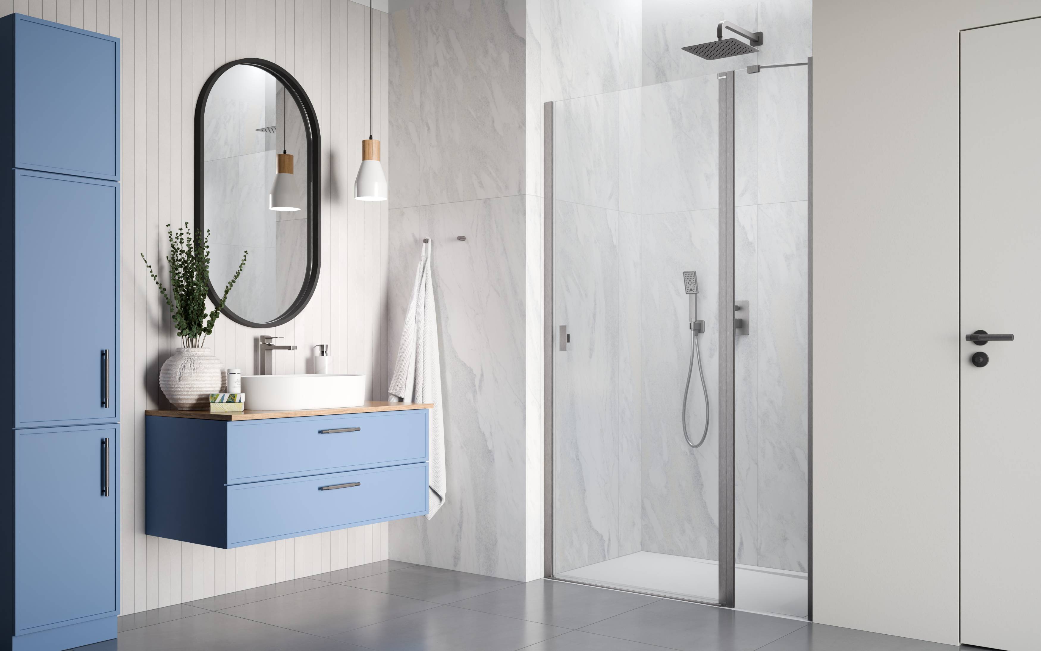 Nes Brushed Nickel DWJ II szálcsiszolt króm zuhanyajtó enteriőr (a képen jobbos zuhanyajtó látható)