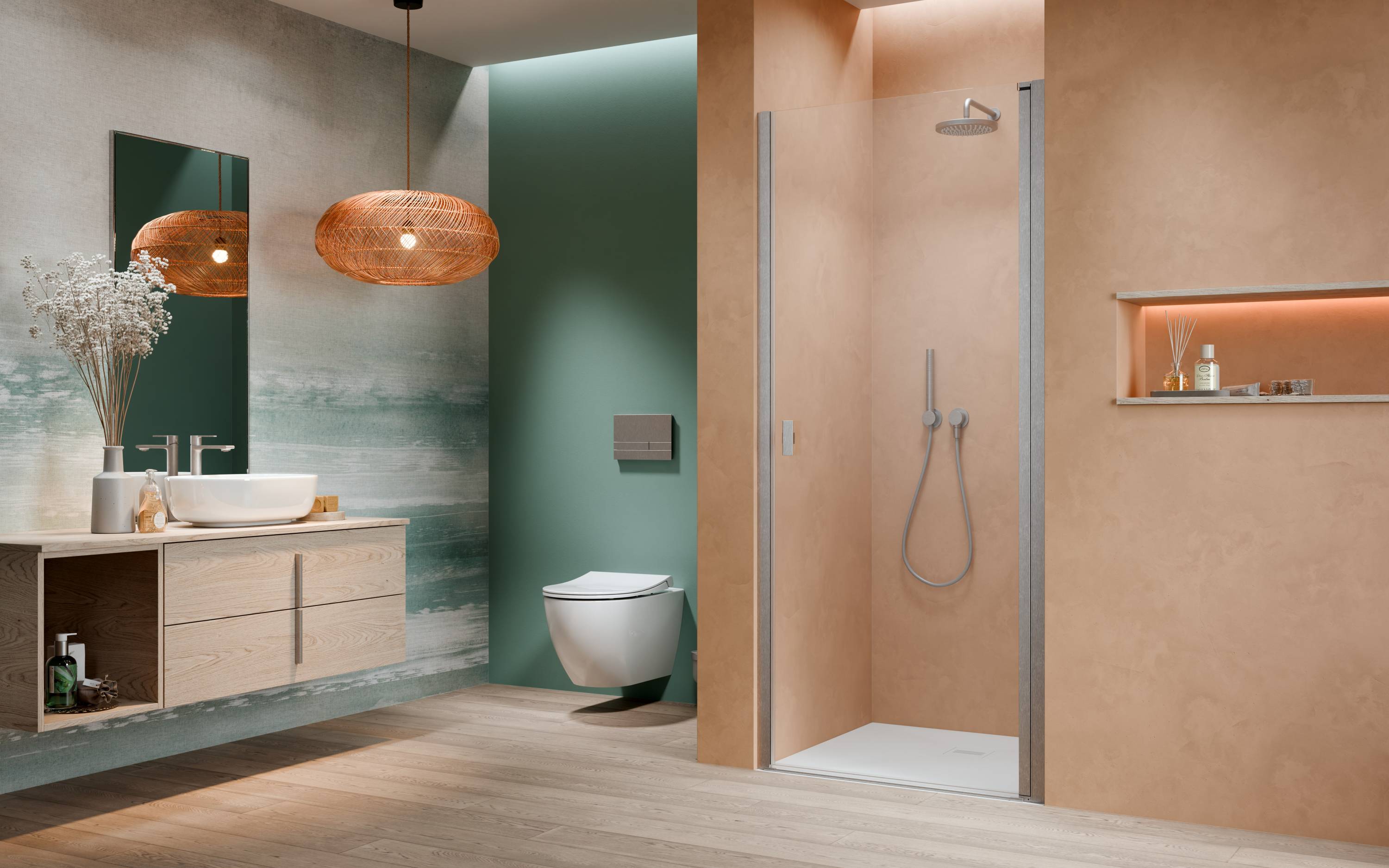 Nes Brushed Nickel DWJ I szálcsiszolt króm zuhanyajtó enteriőr (a képen jobbos zuhanyajtó látható)