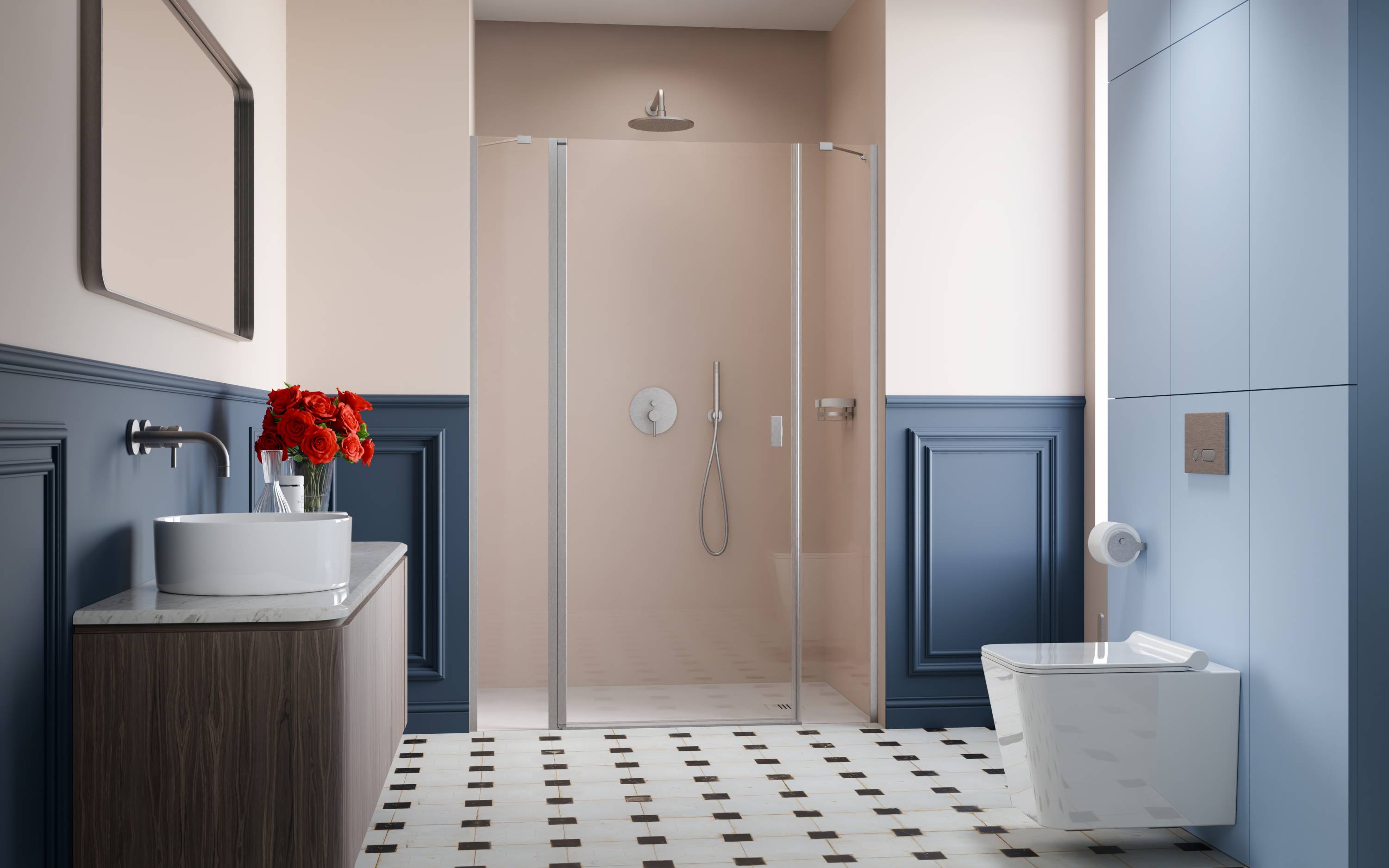 Nes Brushed Nickel DWJS szálcsiszolt króm zuhanyajtó enteriőr (a képen balos zuhanyajtó látható)