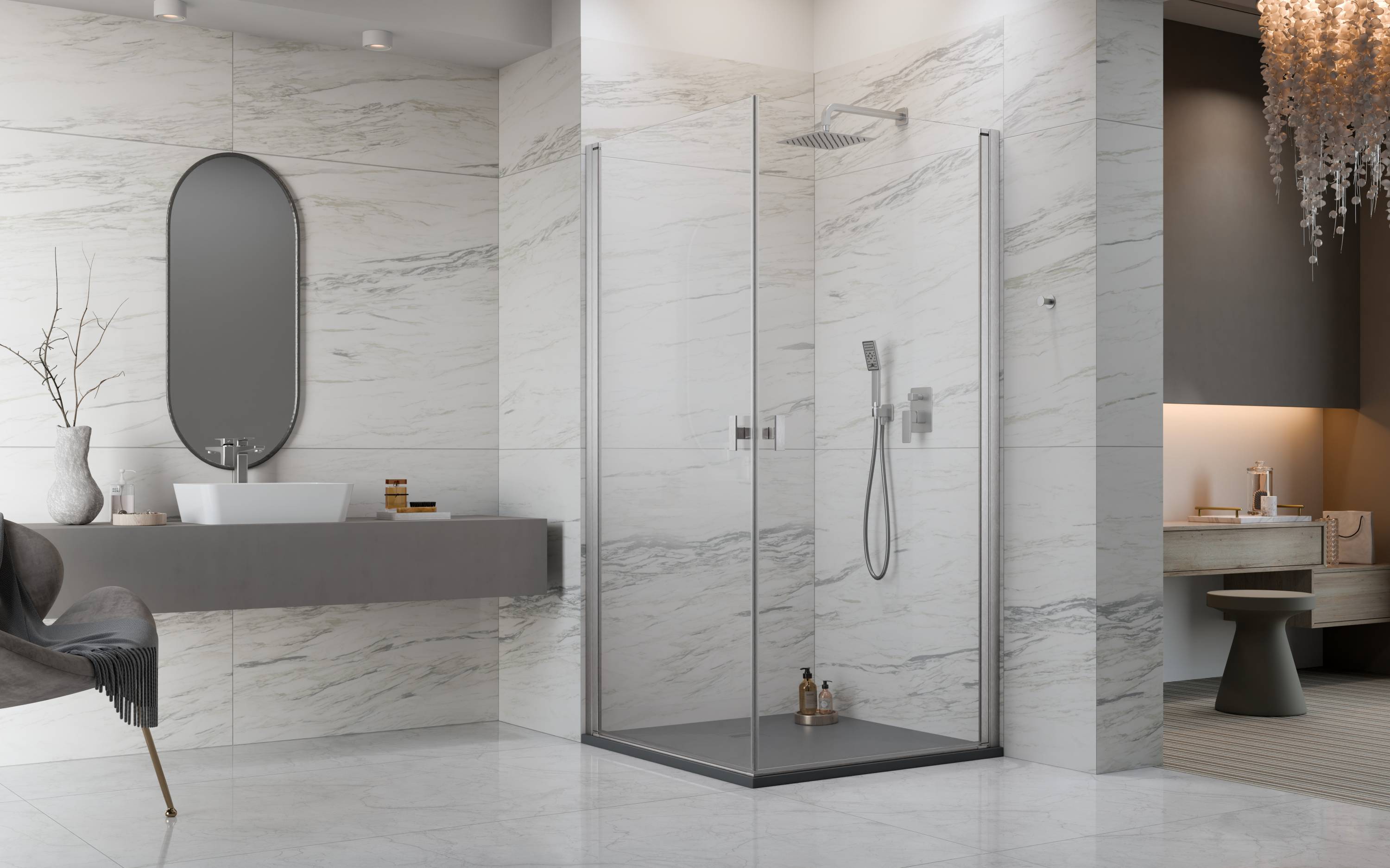 Nes Brushed Nickel KDD I szögletes szálcsiszolt króm zuhanykabin enteriőr