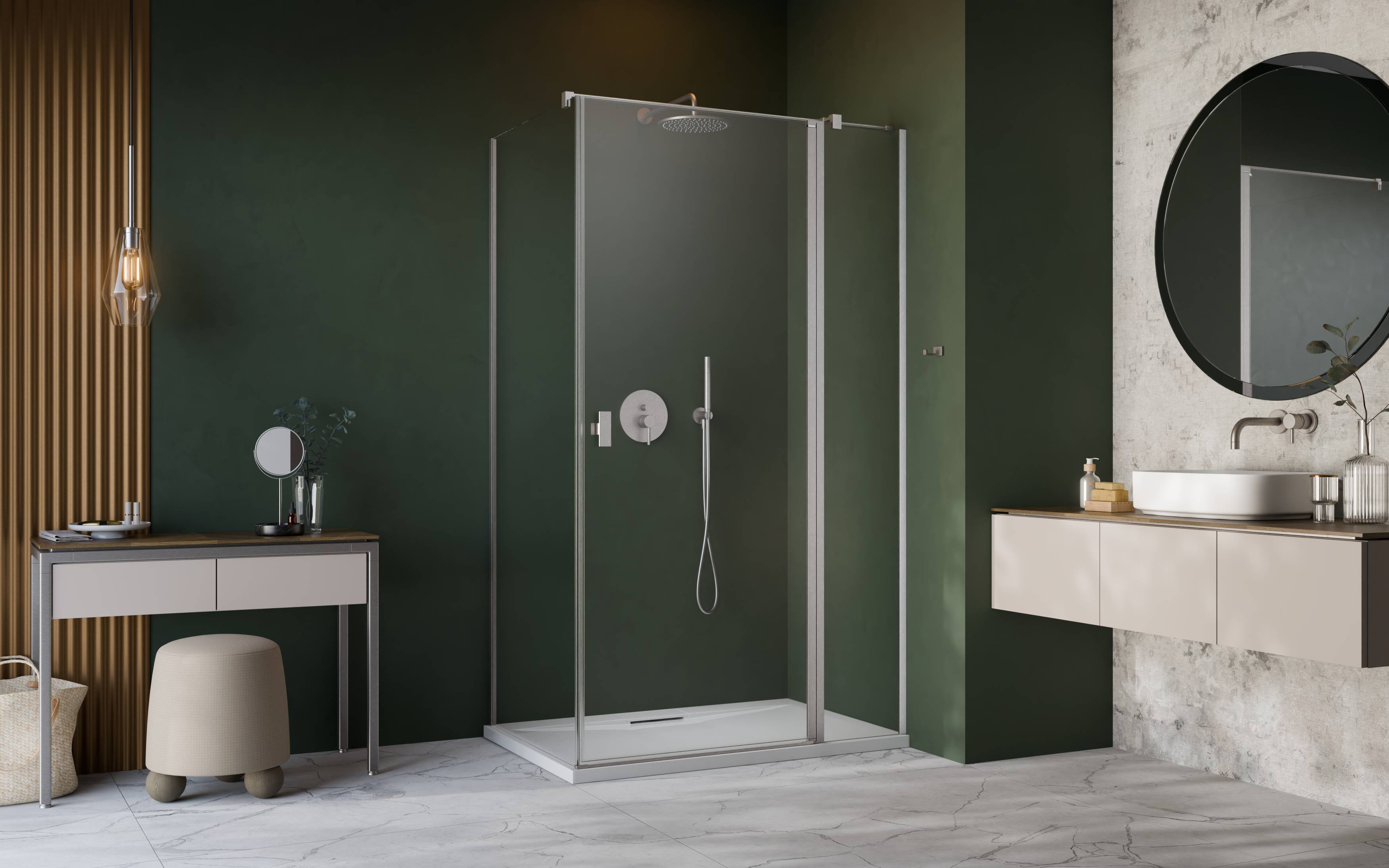 Nes Brushed Nickel KDJ II szögletes szálcsiszolt króm zuhanykabin enteriőr (a képen jobbos zuhanykabin látható)
