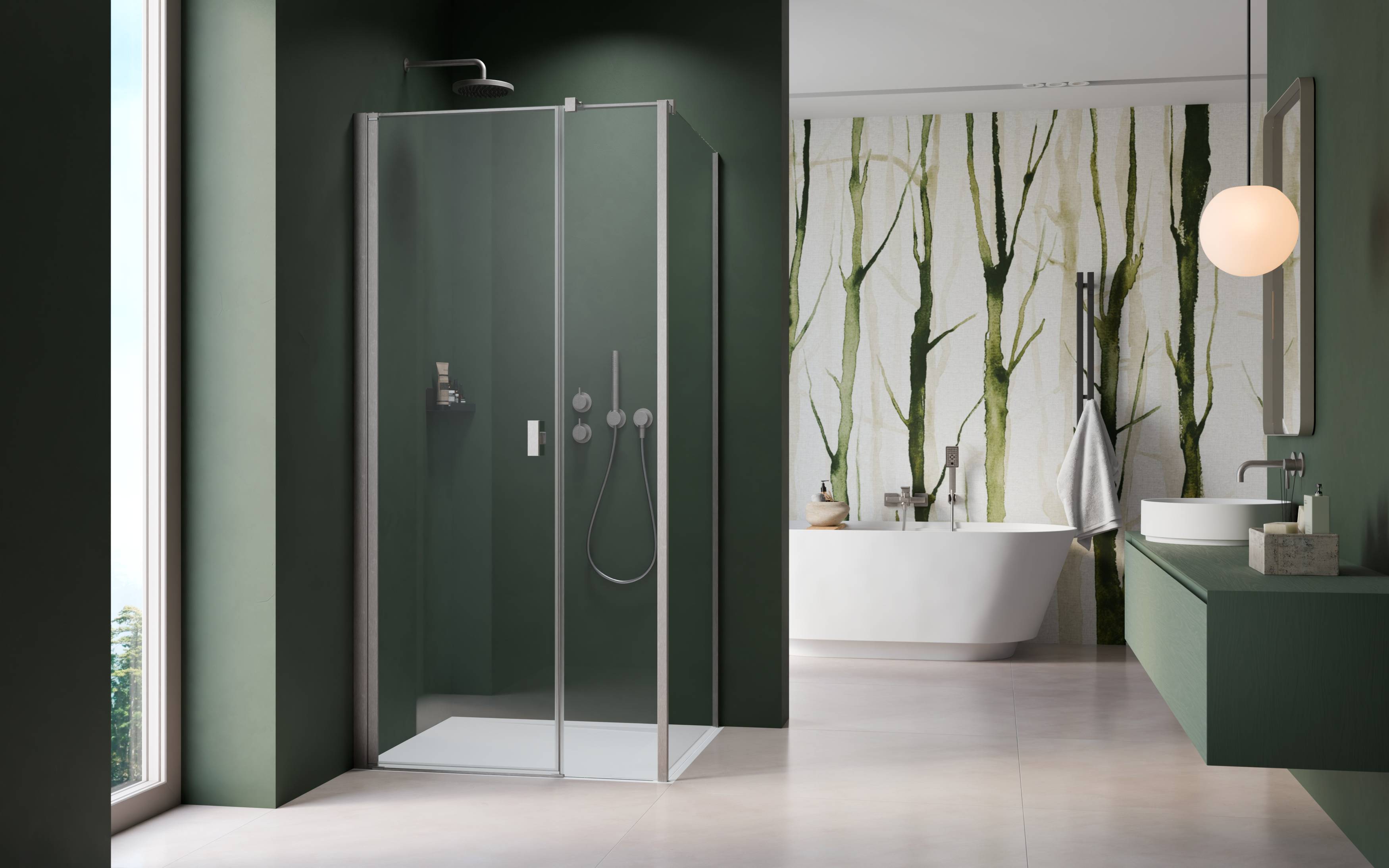 Nes Brushed Nickel KDS I szögletes szálcsiszolt króm zuhanykabin enteriőr (a képen balos zuhanykabin látható)