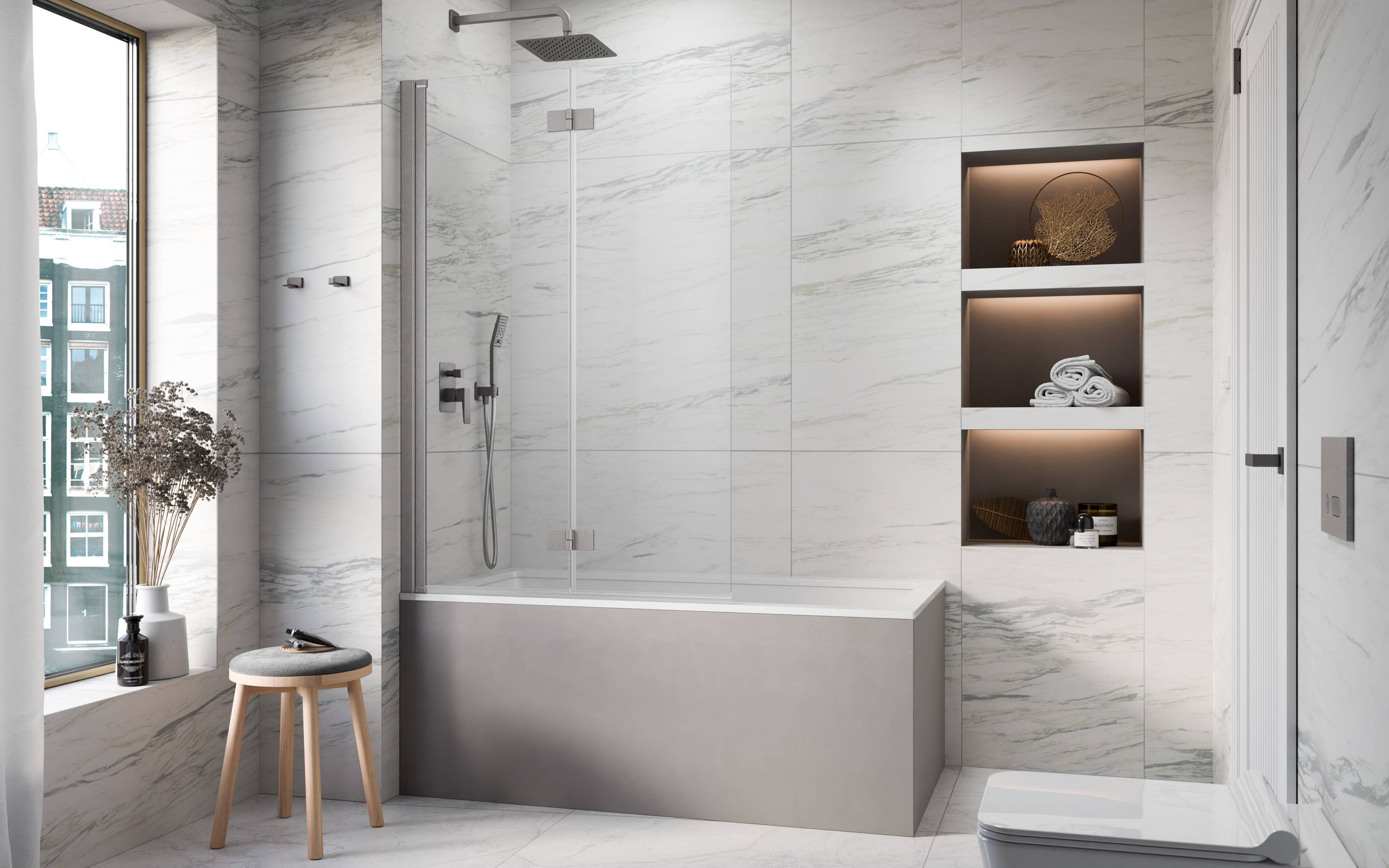 Nes Brushed Nickel PND I szálcsiszolt króm kádparaván enteriőr (a képen balos kádparaván látható)