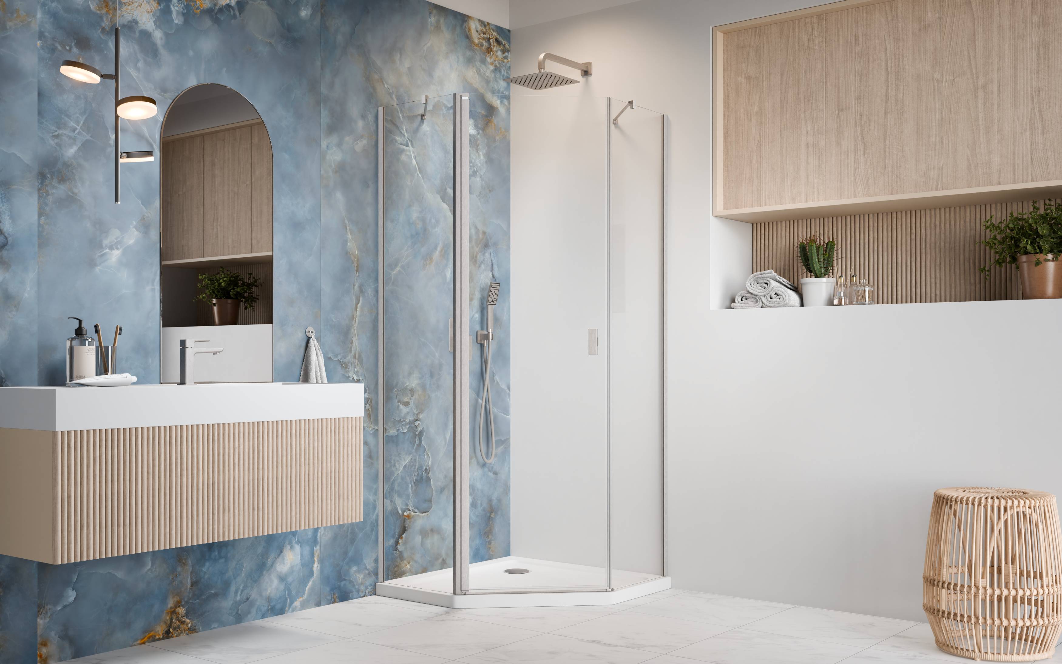Nes Brushed Nickel PTJ szögletes szálcsiszolt króm zuhanykabin enteriőr (a képen balos zuhanykabin látható)