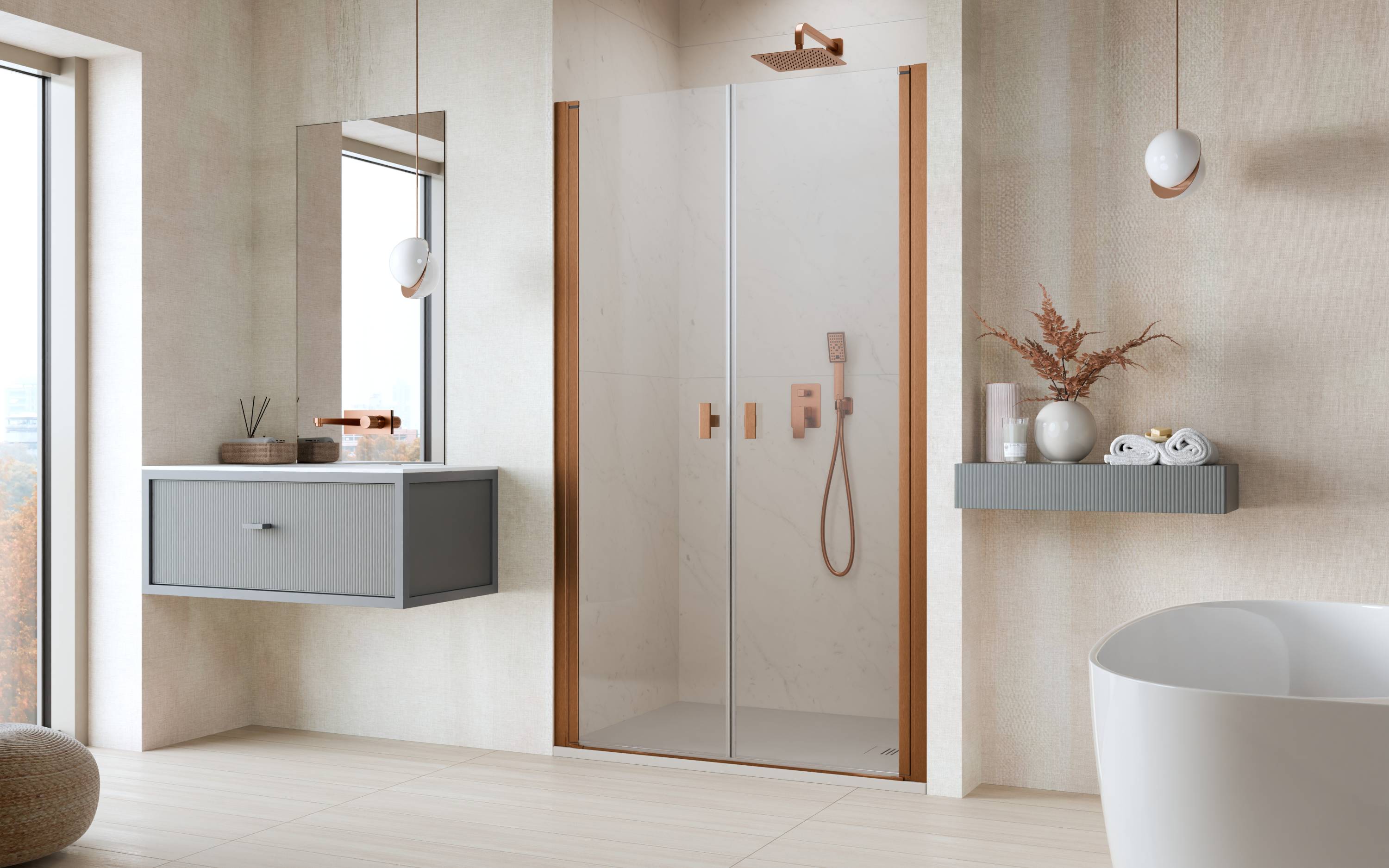 Nes Brushed Copper DWD I szálcsiszolt réz zuhanyajtó enteri