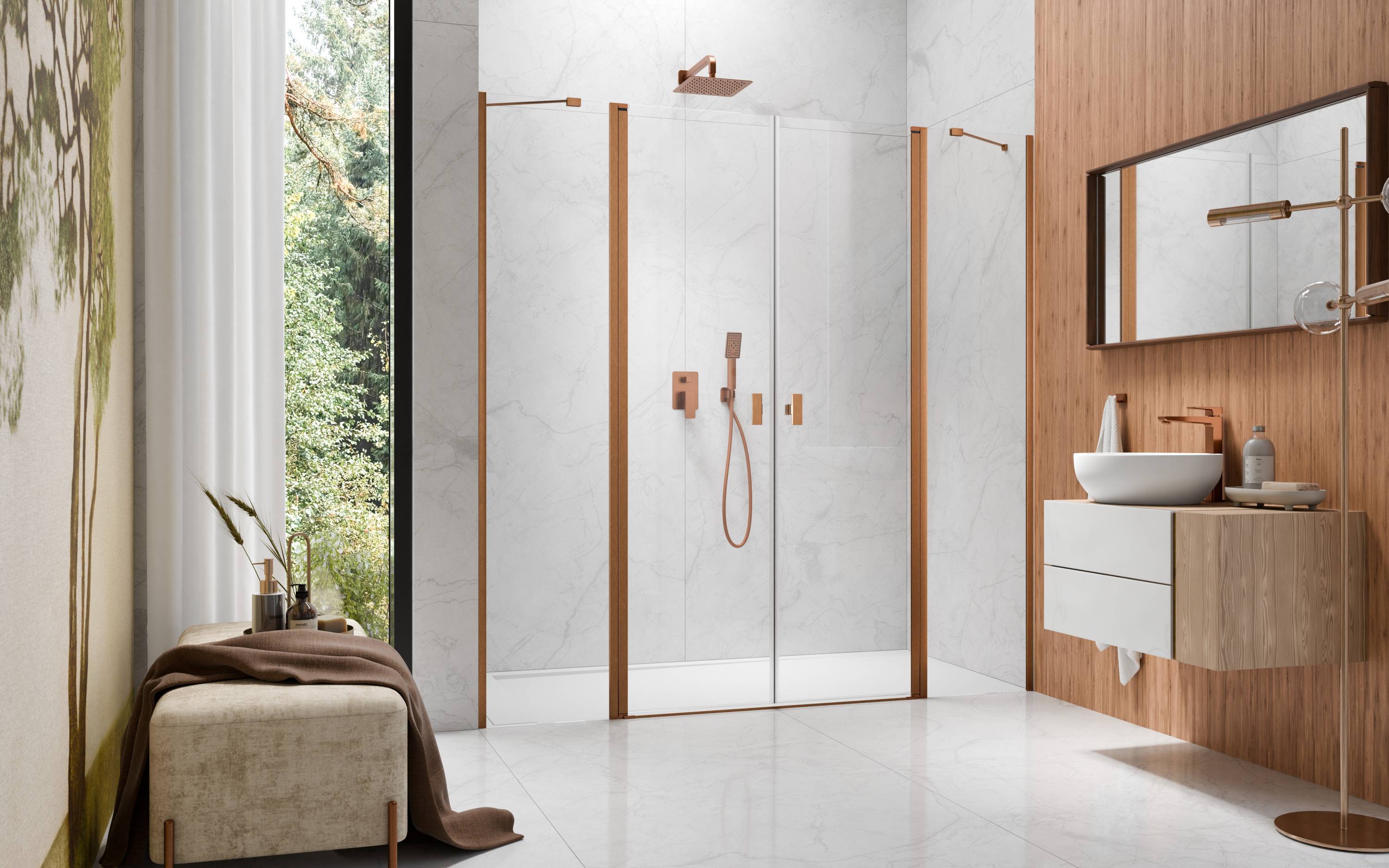 Nes Brushed Copper DWD II szálcsiszolt réz zuhanyajtó enteriőr