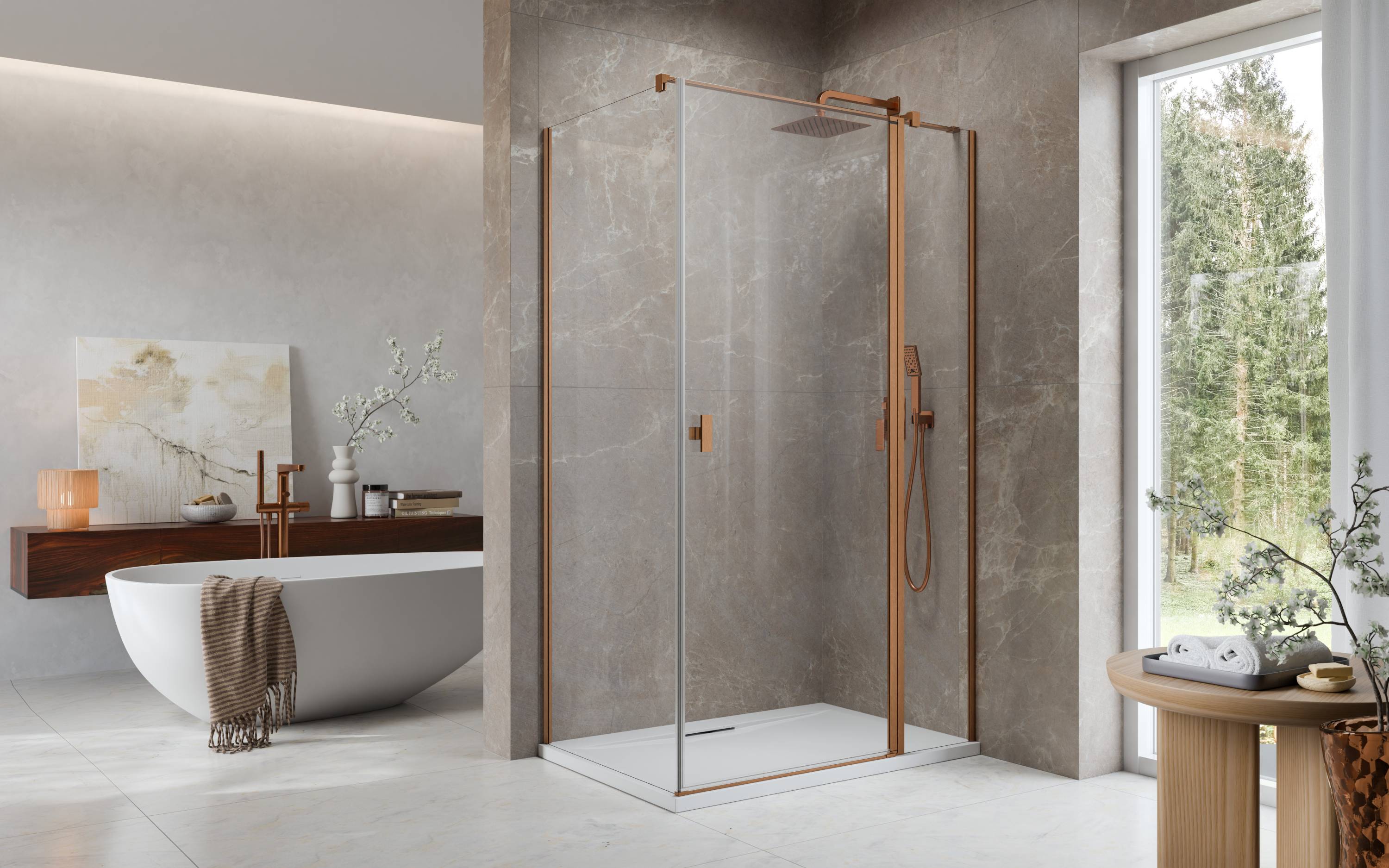 Nes Brushed Copper KDJ II szögletes szálcsiszolt réz zuhanykabin enteriőr (a képen jobbos zuhanykabin látható)