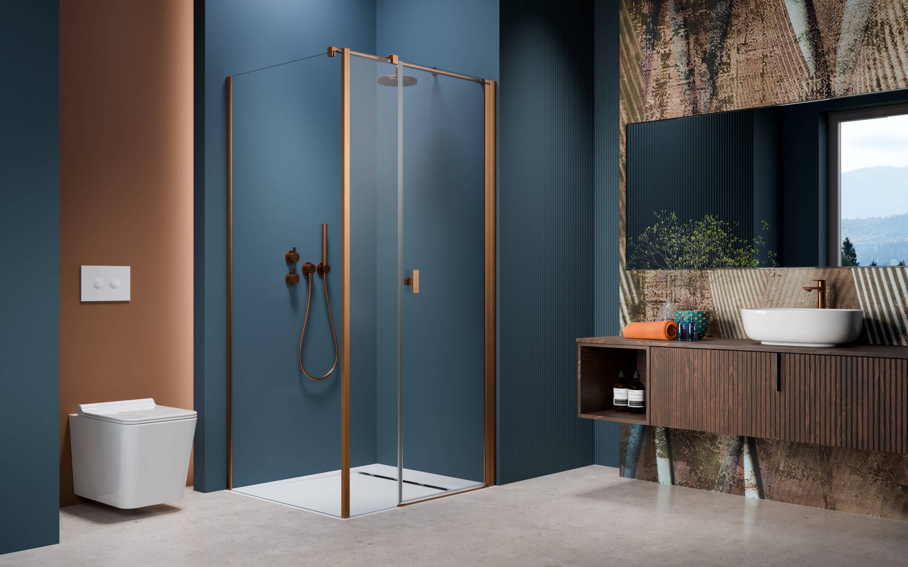 Nes Brushed Copper KDS I szögletes szálcsiszolt réz zuhanykabin enteriőr (a képen jobbos zuhanykabin látható)