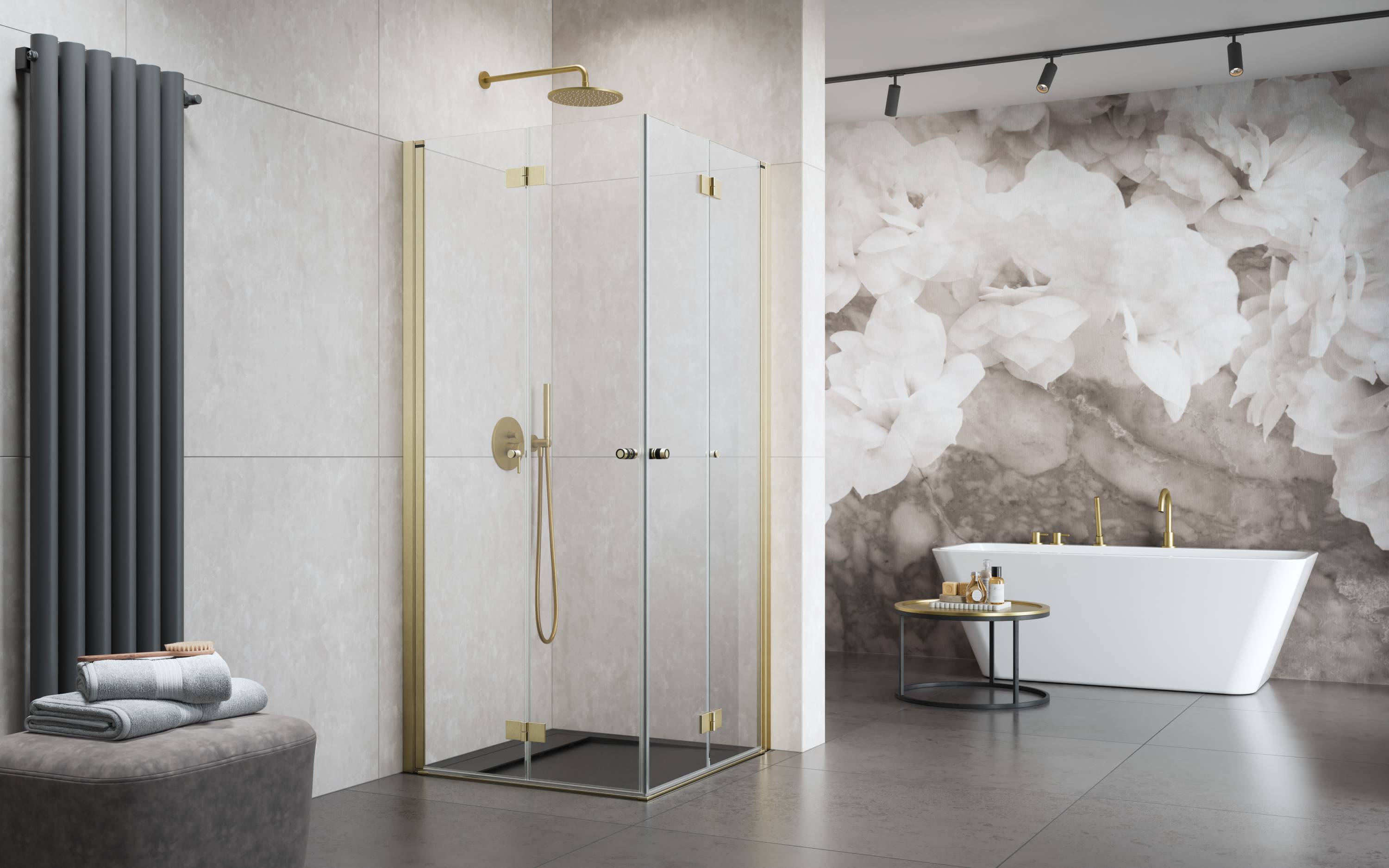 Nes Brushed Gold KDD-B szálcsiszolt arany zuhanykabin enteriőr
