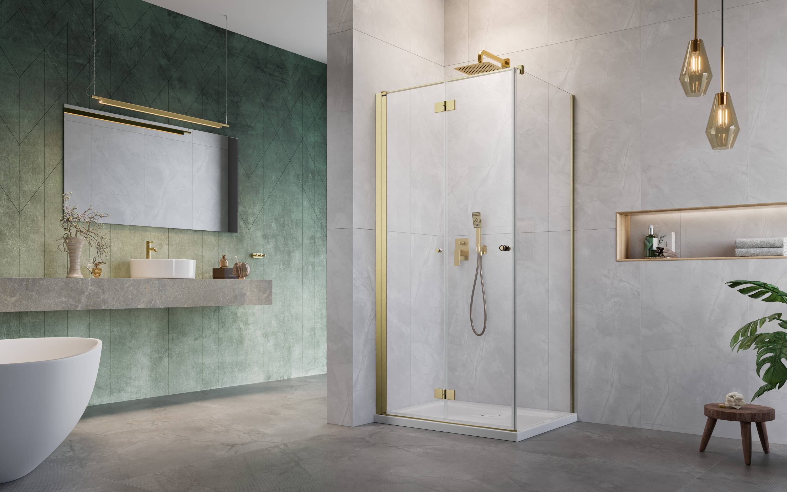 Nes Brushed Gold KDJ-B szálcsiszolt arany zuhanykabin enteriőr (a képen balos zuhanykabin látható)
