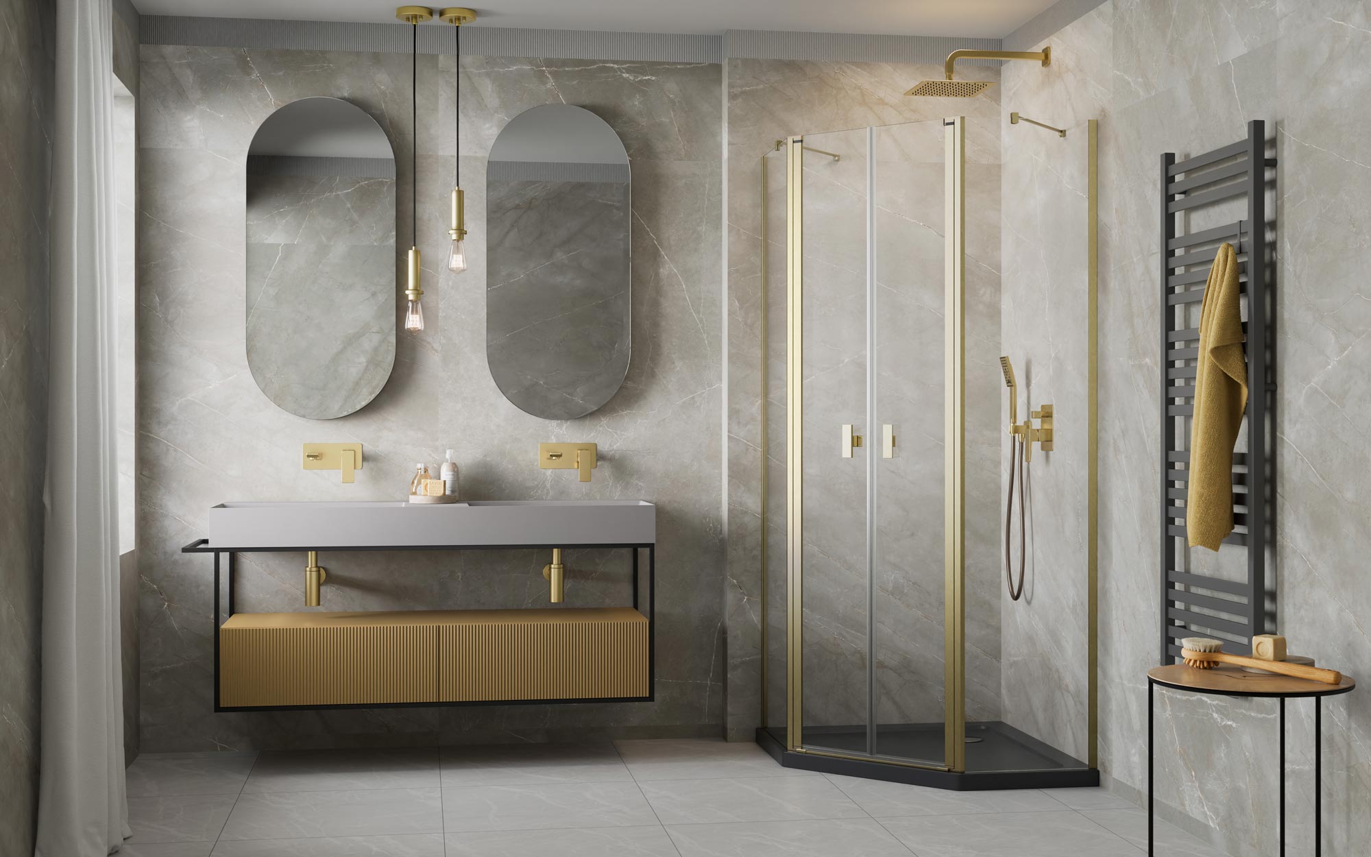 Nes Brushed Gold PTD szögletes szálcsiszolt arany zuhanykabin enteriőr