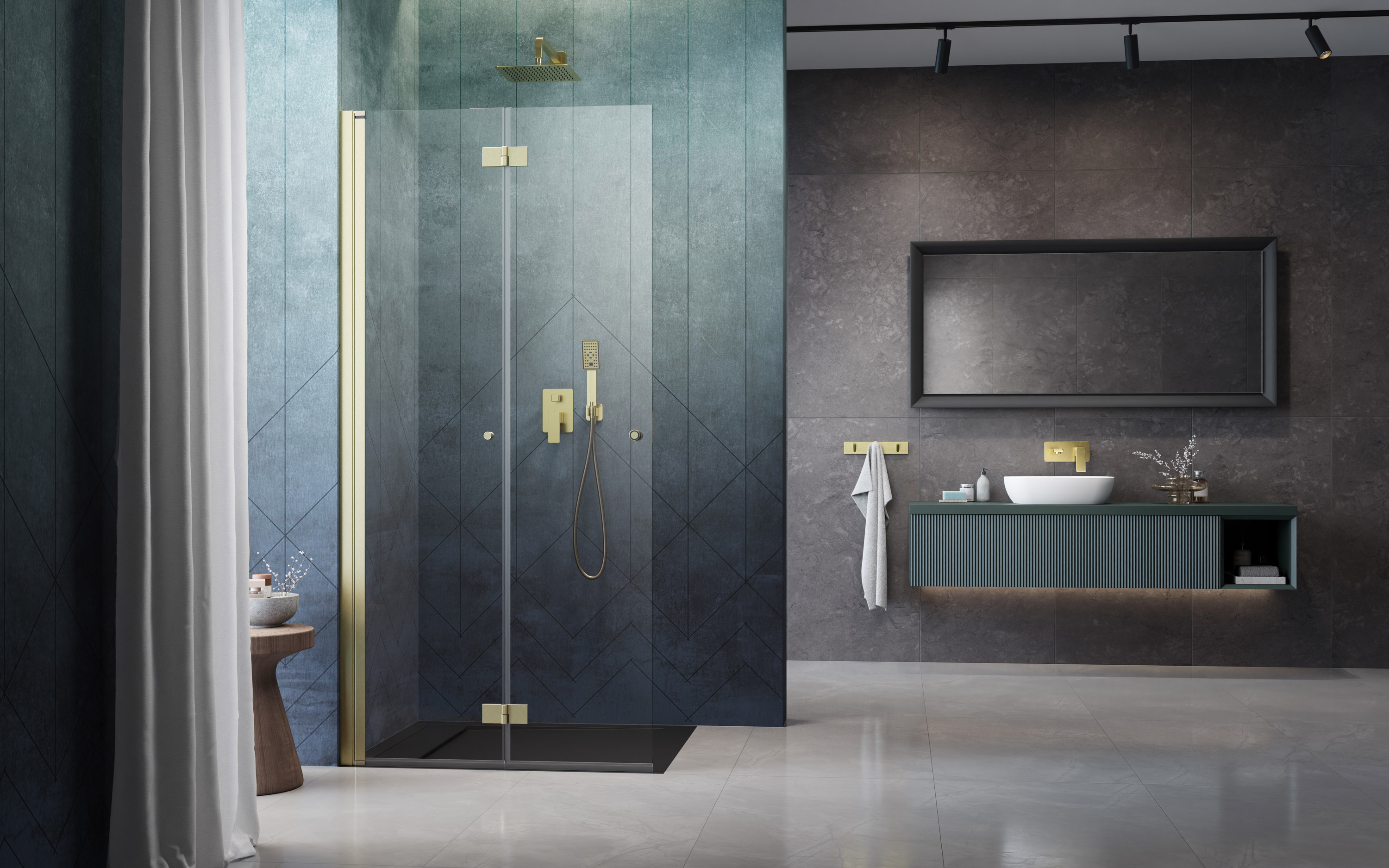 Nes Brushed Gold Walk-in KDD-B szálcsiszolt arany zuhanyfal enteriőr (a képen balos zuhanyfal látható)