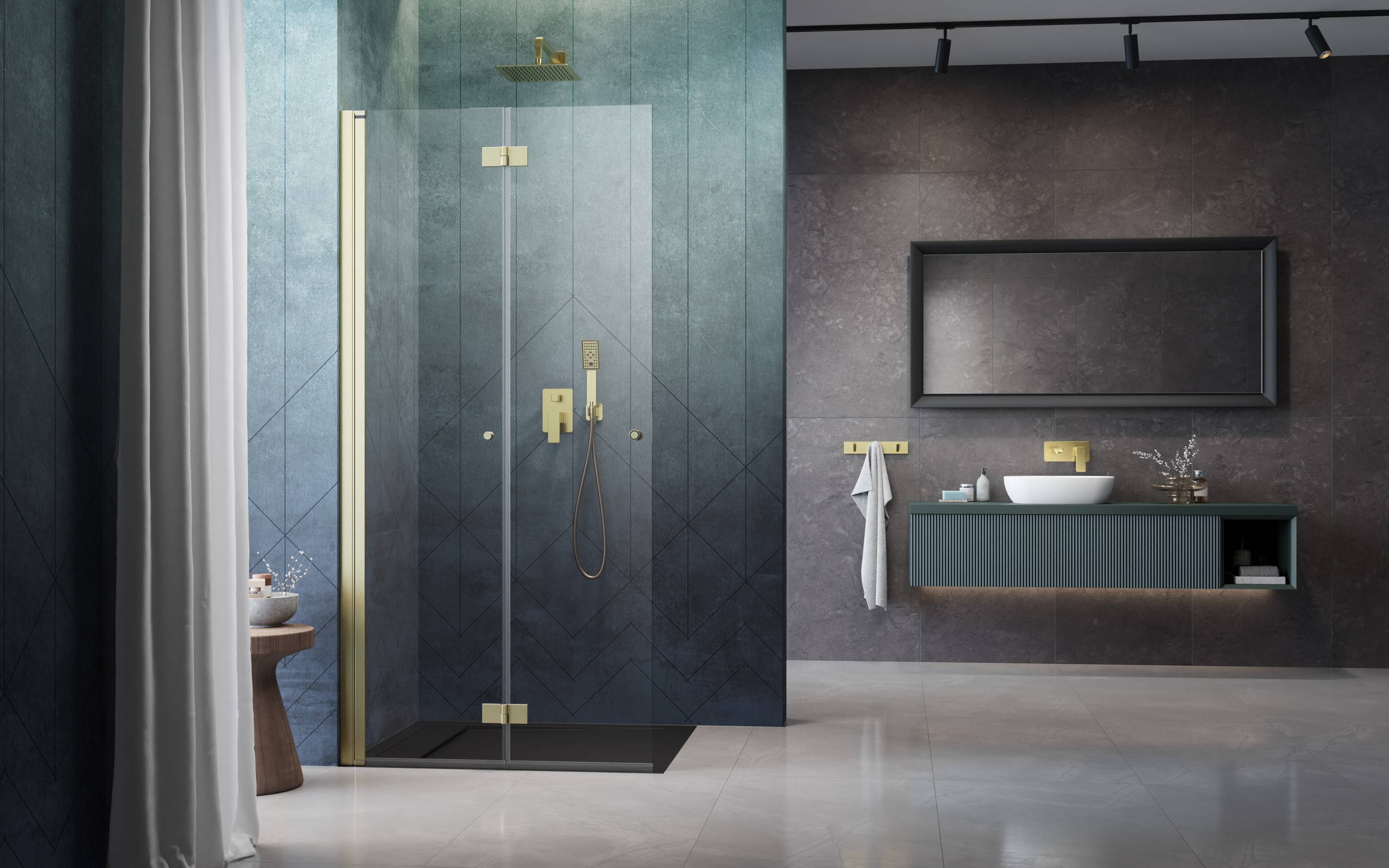 Nes Brushed Gold Walk-in KDD-B szálcsiszolt arany zuhanyfal enteriőr (a képen balos zuhanyfal látható)