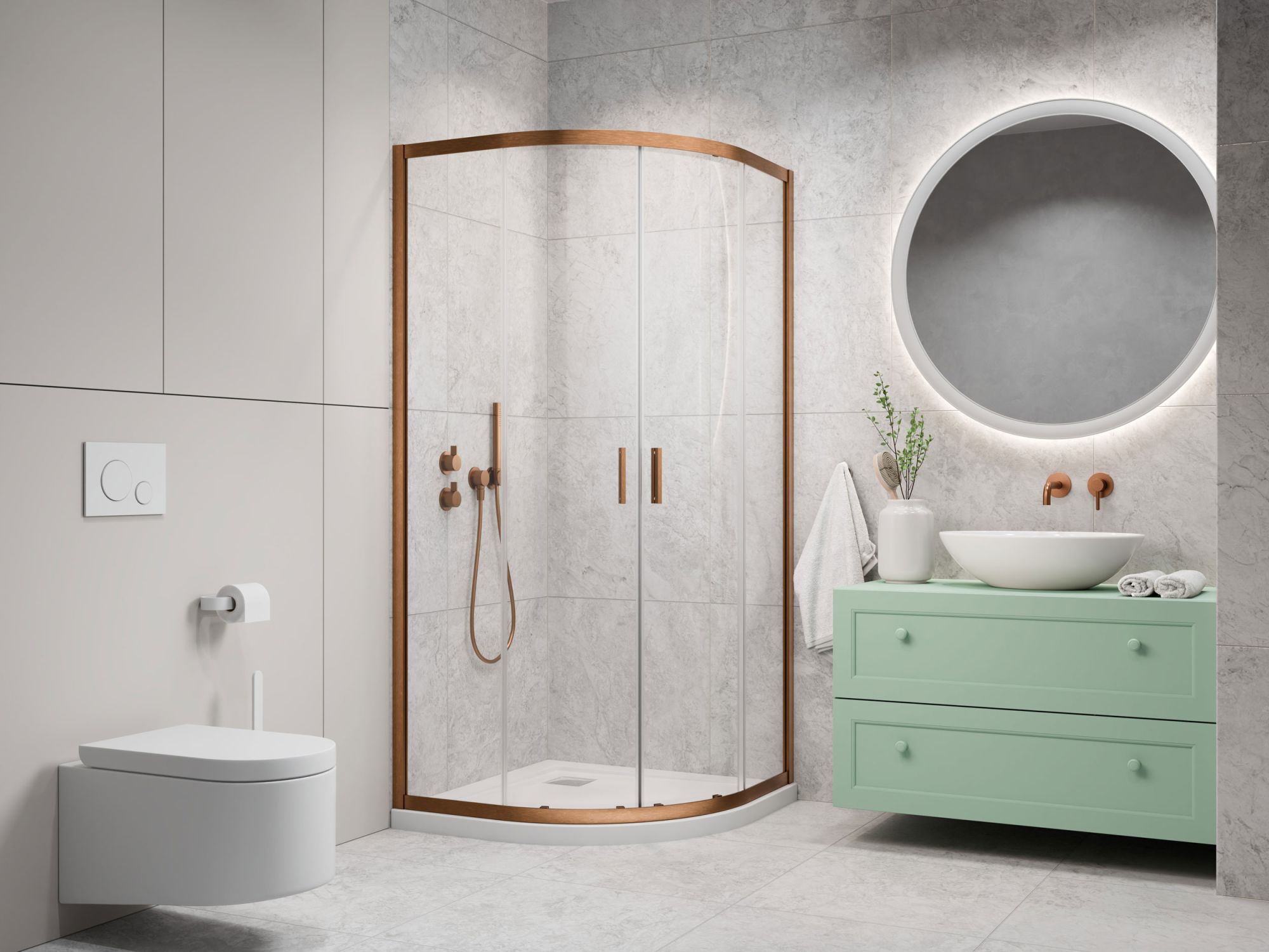 Alienta Brushed Copper A-C íves szálcsiszolt réz zuhanykabin enteriőr