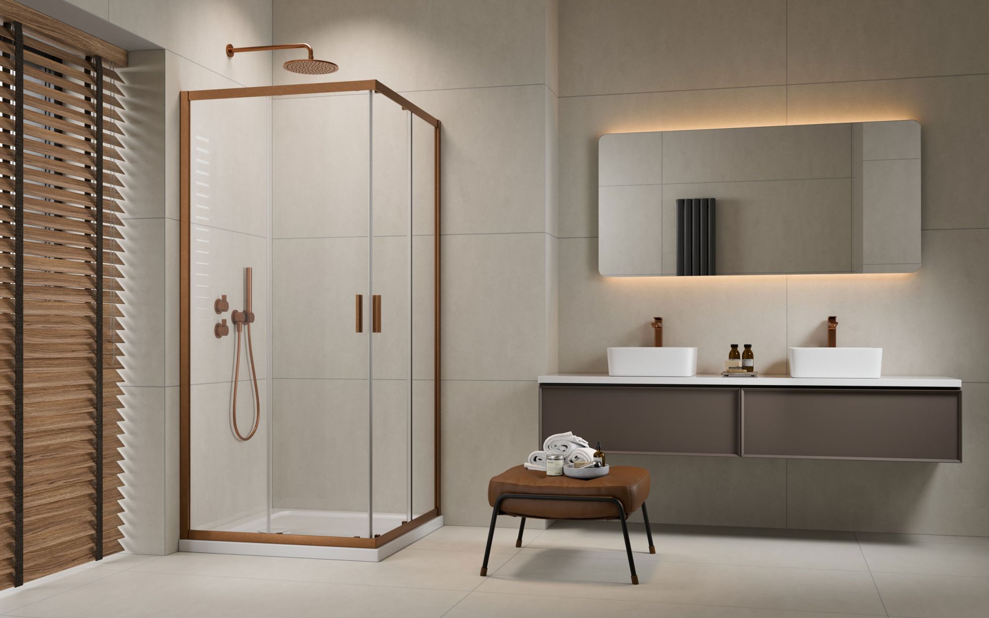 Alienta Brushed Copper C-D szögletes szálcsiszolt réz zuhanykabin enteriőr