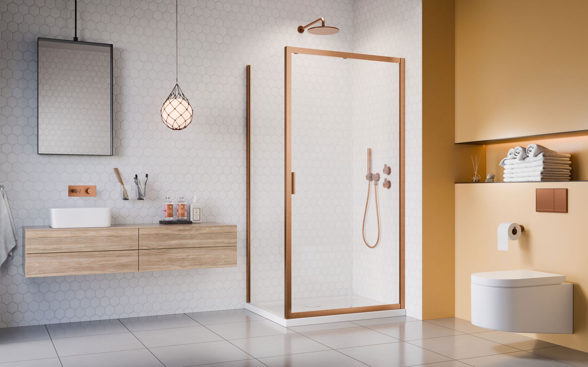 Alienta Brushed Copper DWJ+S szálcsiszolt réz zuhanykabin enteriőr (a képen jobbos zuhanykabin látható)