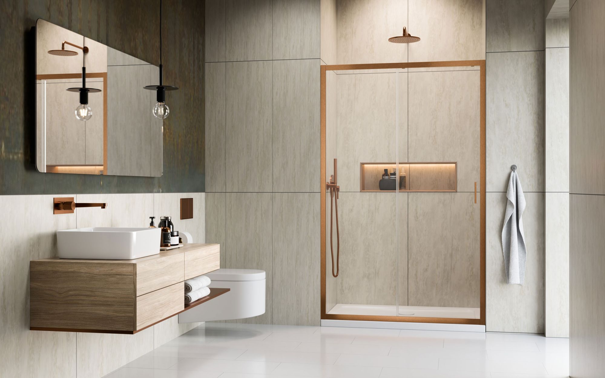 Alienta Brushed Copper DWJ szálcsiszolt réz zuhanyajtó enteriőr (a képen balos zuhanyajtó látható)