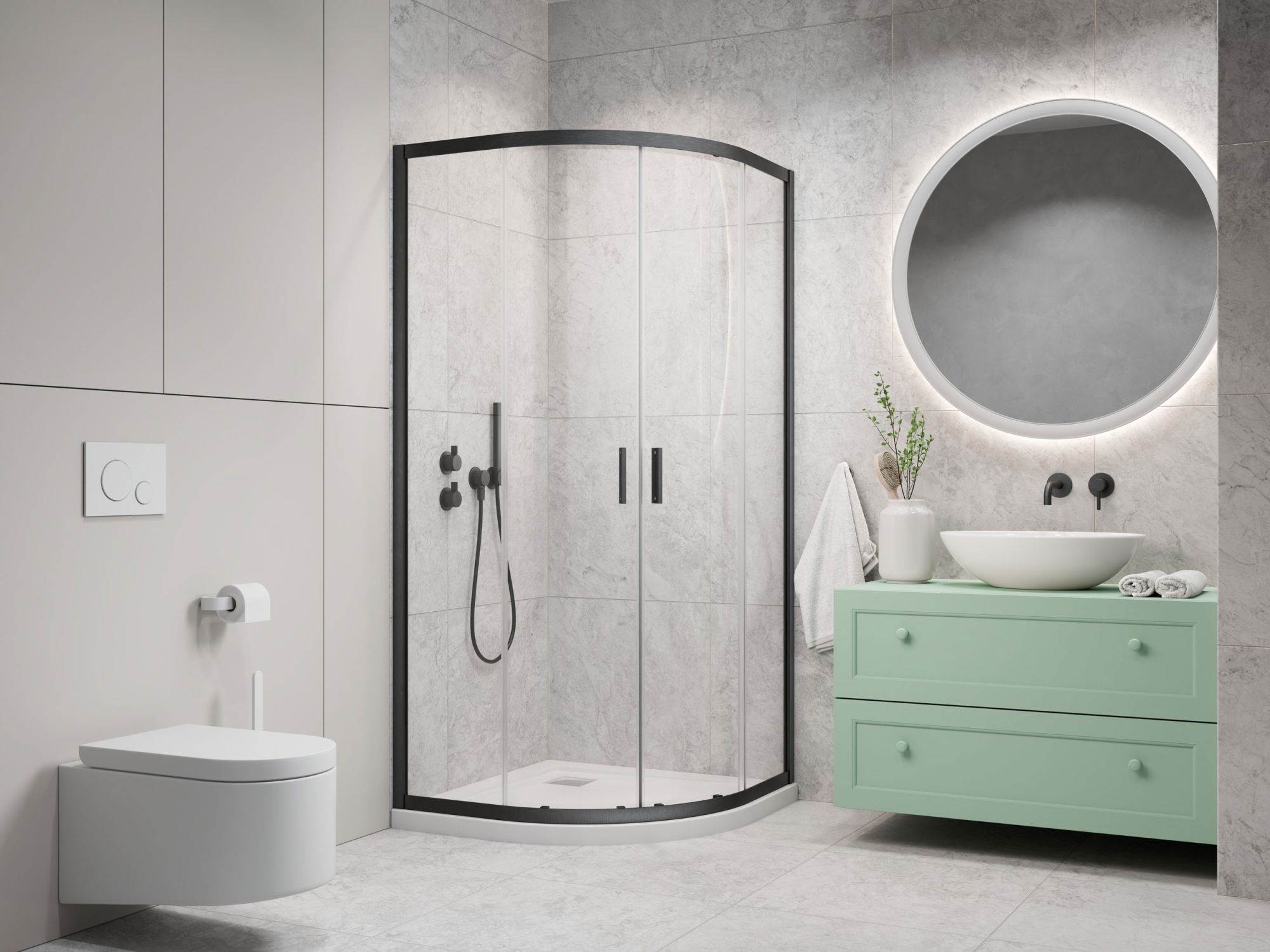 Alienta Brushed GunMetal A-C íves szálcsiszolt fegyvermetál zuhanykabin enteriőr