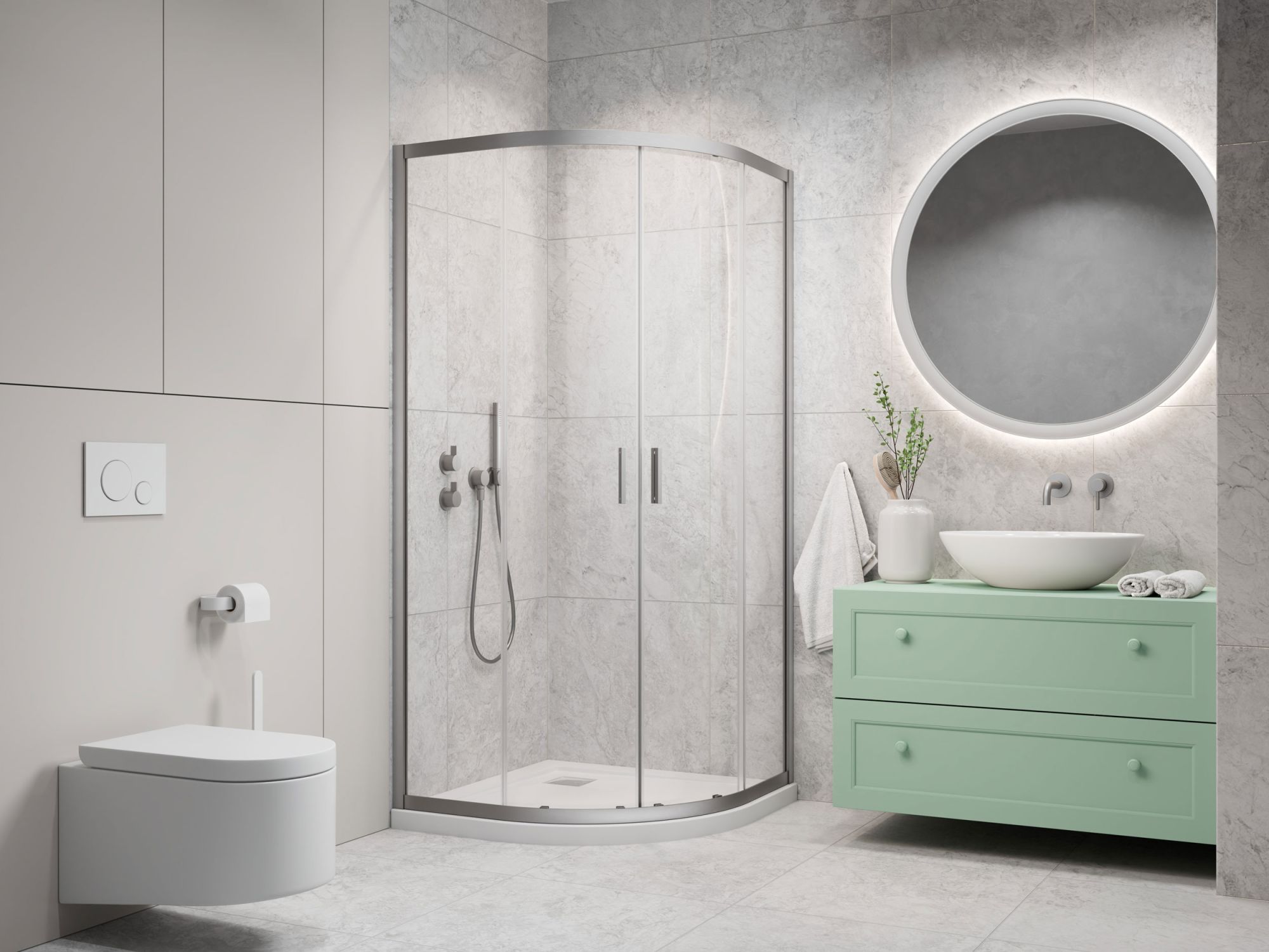 Alienta Brushed Nickel A-E íves szálcsiszolt króm zuhanykabin enteriőr