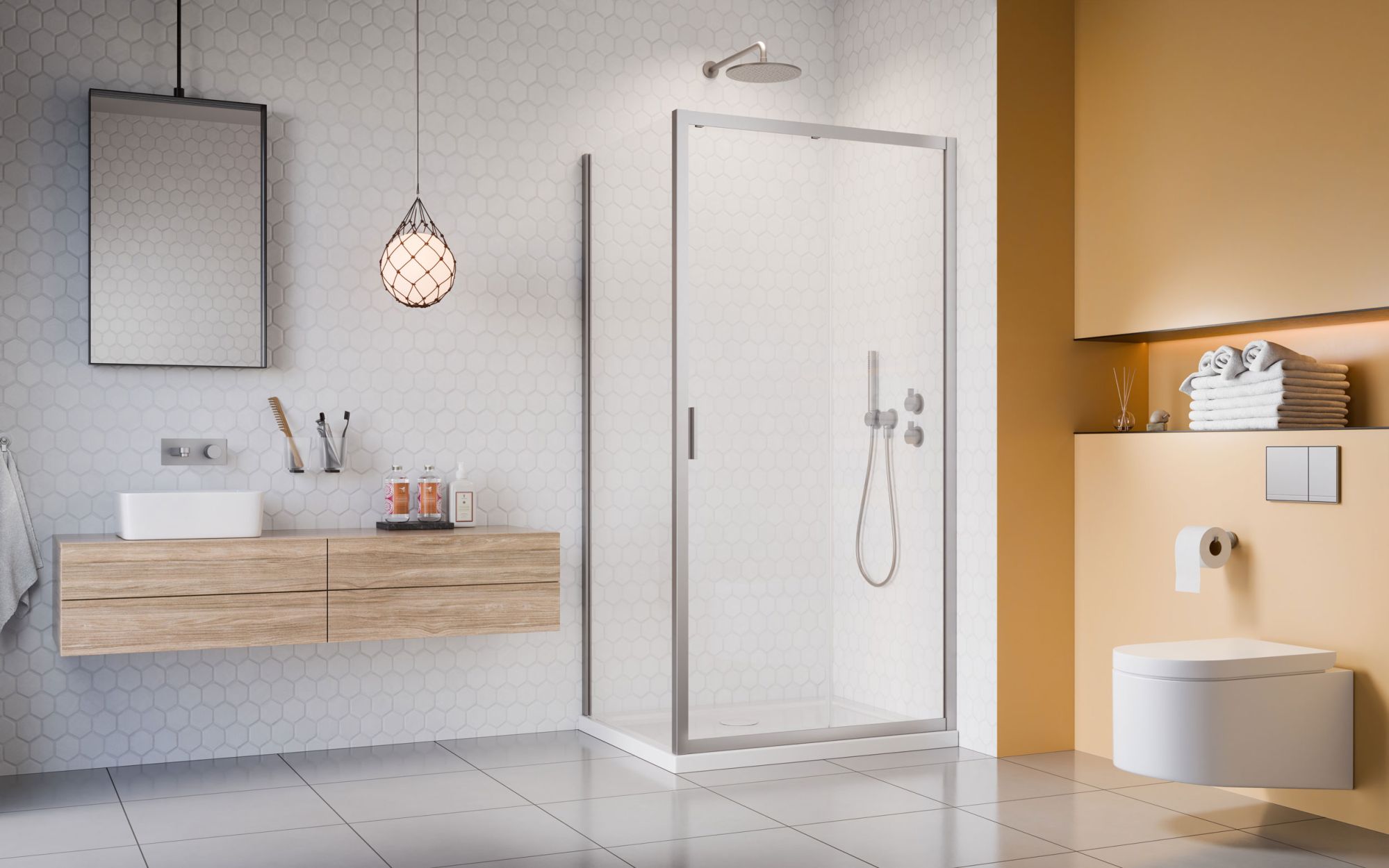Alienta Brushed Nickel DWJ+S szálcsiszolt króm zuhanykabin enteriőr (a képen jobbos zuhanykabin látható)