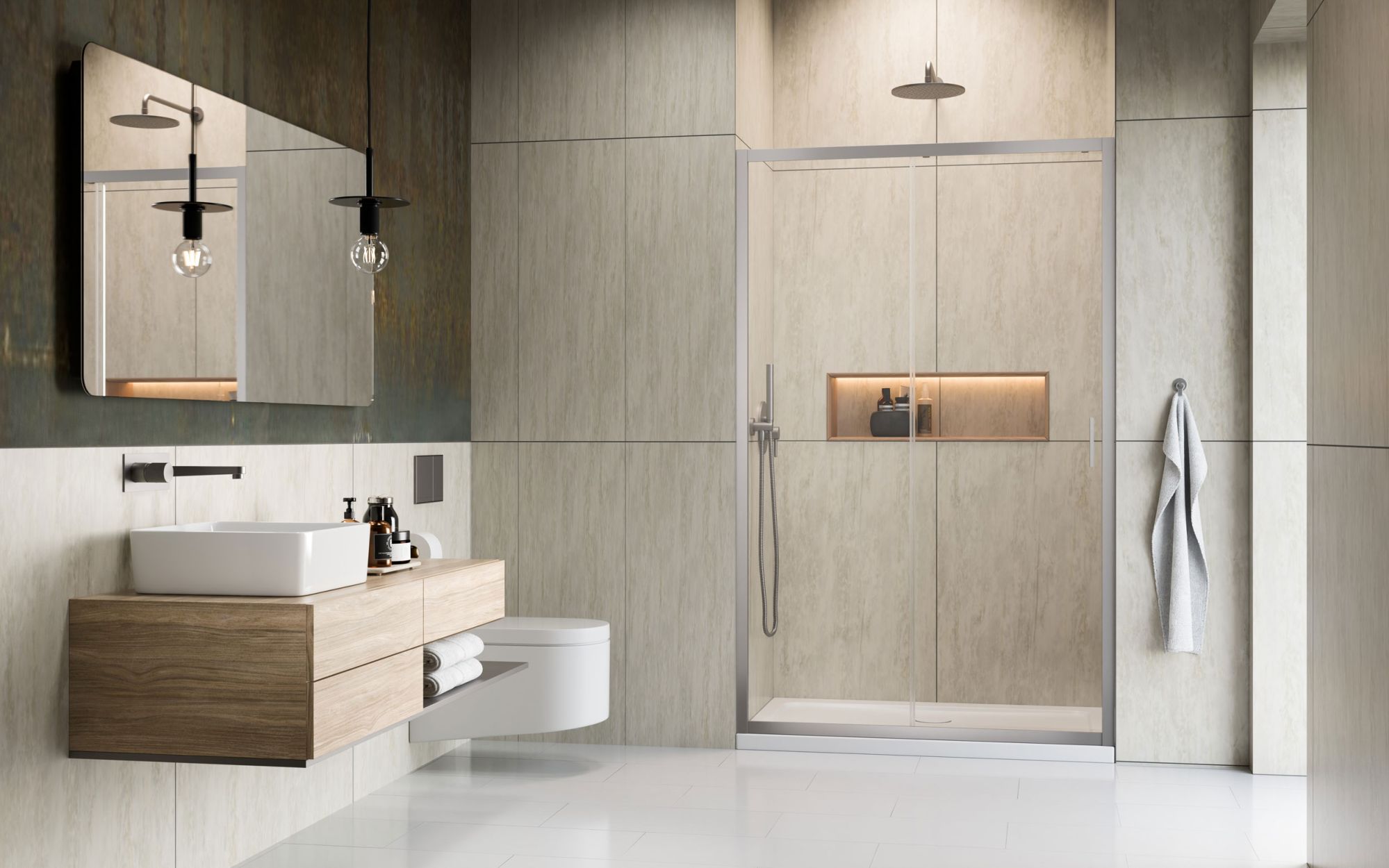 Alienta Brushed Nickel DWJ szálcsiszolt króm zuhanyajtó enteriőr (a képen balos zuhanyajtó látható)
