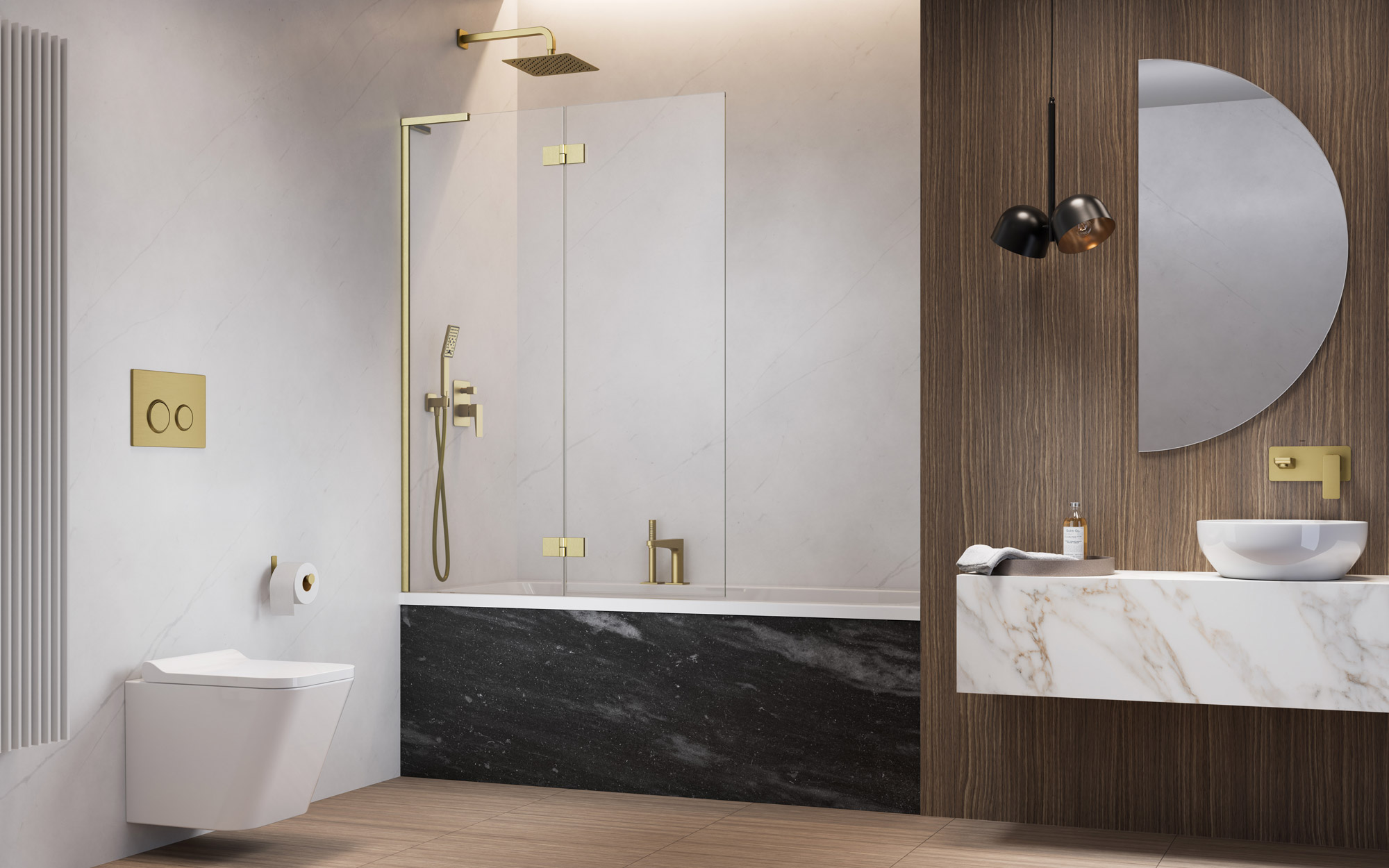 Essenza 8 SL Brushed Gold PND II szálcsiszolt arany kádparaván enteriőr (a képen balos kádparaván látható)