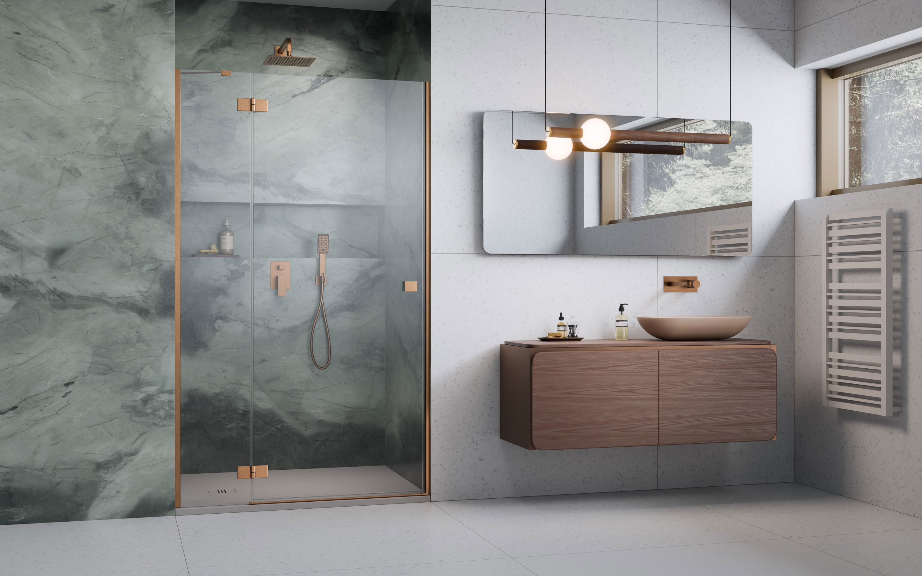 Essenza Brushed Copper ﻿DWJ ﻿szálcsiszolt réz zuhanyajtó enteriőr (a képen balos zuhanyajtó látható)