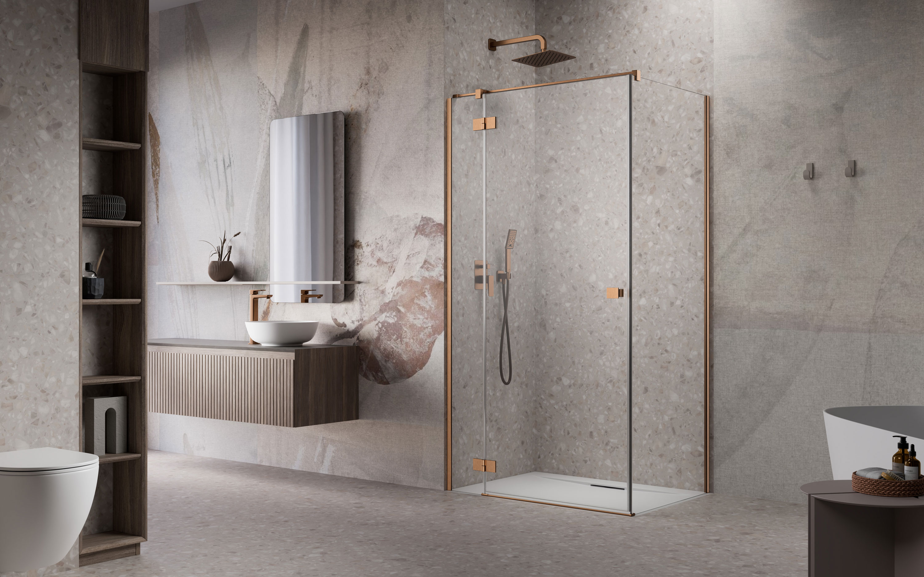 Essenza Brushed Copper ﻿KDJ szögletes ﻿szálcsiszolt réz zuhanykabin enteriőr (a képen balos zuhanykabin látható)