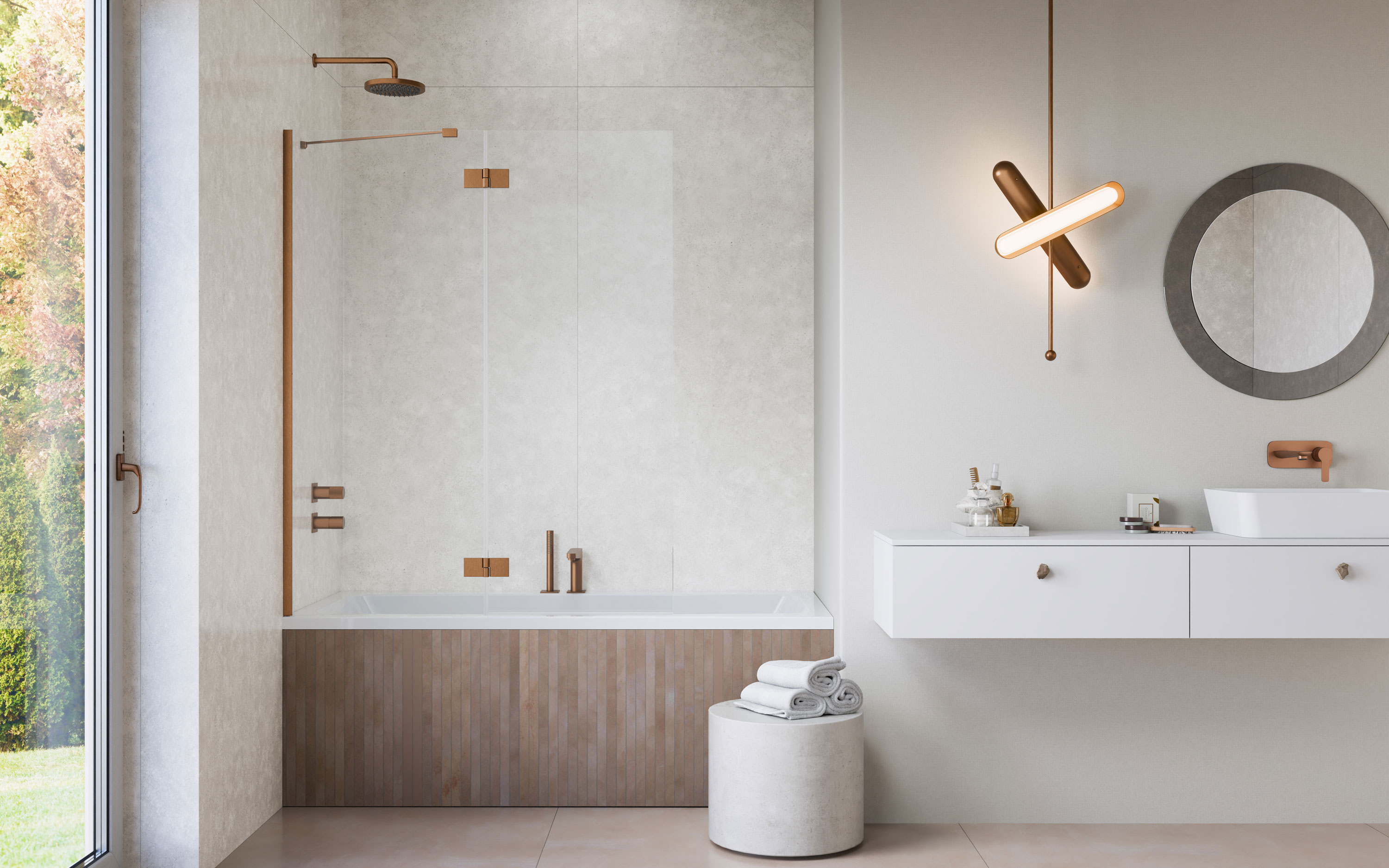 Essenza Brushed Copper ﻿PND II ﻿szálcsiszolt réz kádparaván﻿﻿ enteriőr (a képen balos kádparaván látható)