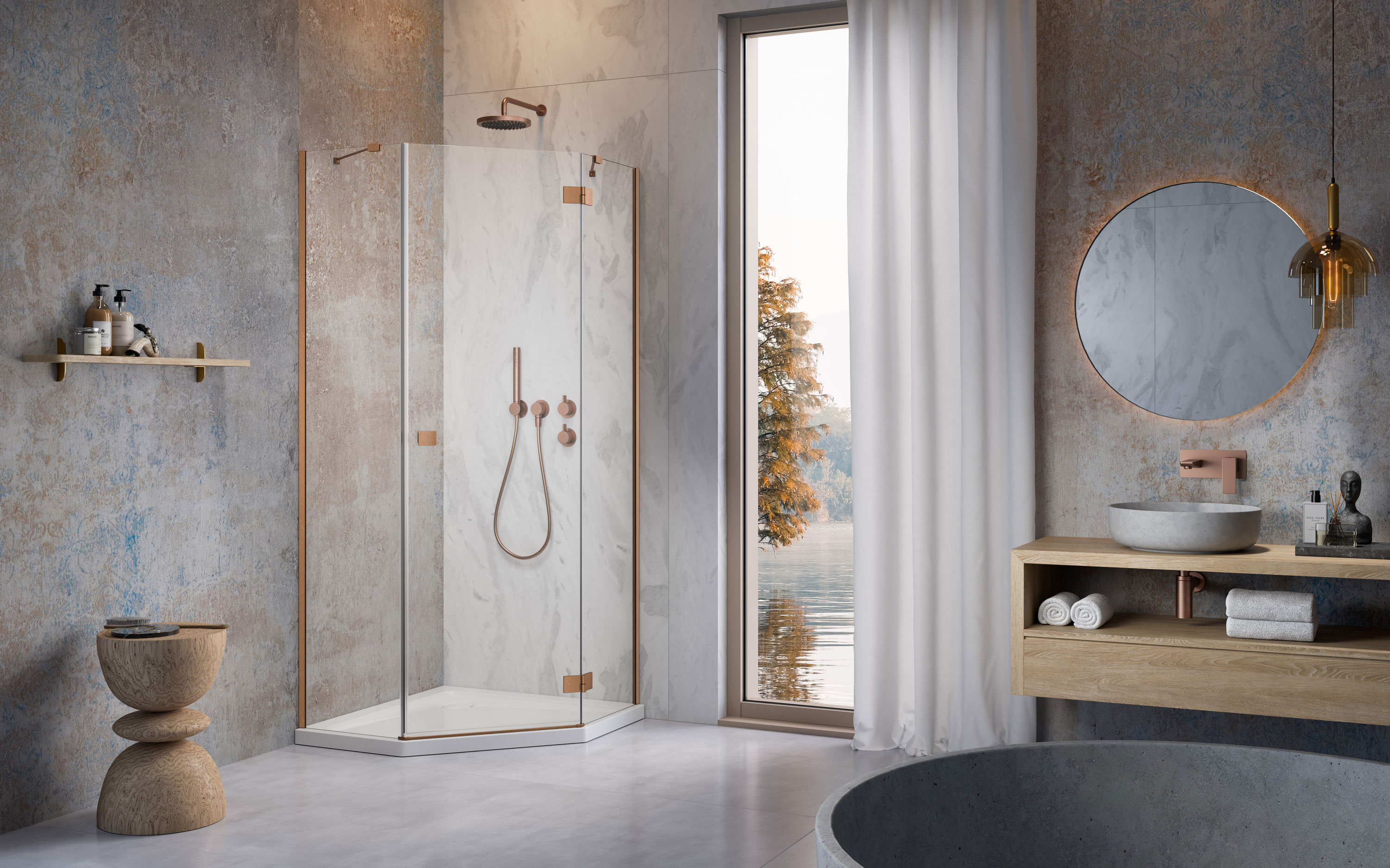 Essenza Brushed Copper ﻿PTJ ﻿szögletes ﻿szálcsiszolt réz zuhanykabin enteriőr (a képen jobbos zuhanykabin látható)
